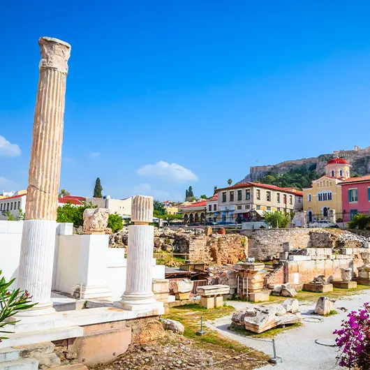 A scenic view of Hadrian's Library in Monastiraki square A scenic view of Hadrian's Library in Monastiraki square