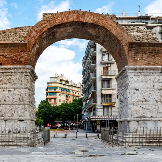 A scenic view of the Arch of Galerius A scenic view of the Arch of Galerius
