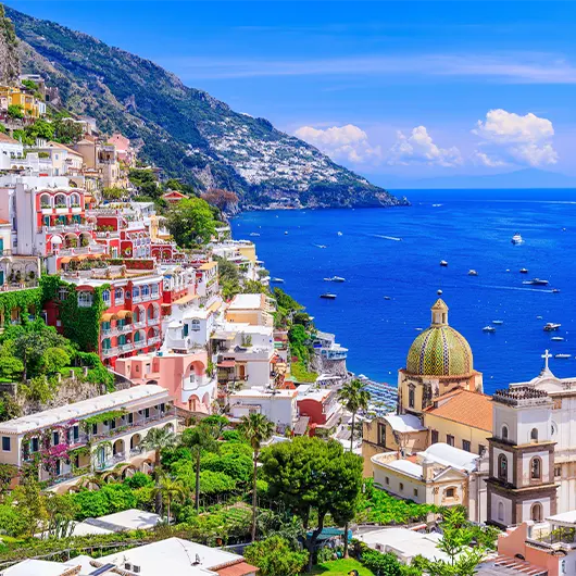 A scenic view of Positano town and the seaside A scenic view of Positano town and the seaside