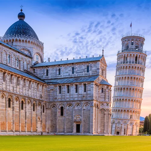 A scenic view of Tower of Pisa and Pisa Cathedral A scenic view of Tower of Pisa and Pisa Cathedral