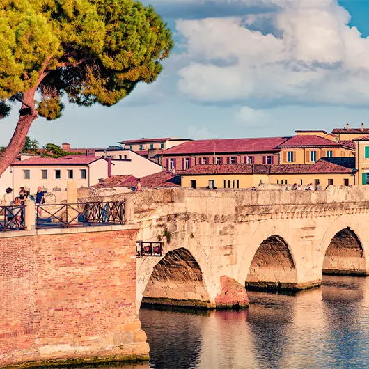 A scenic view of Tiberiao bridge and Marecchia river A scenic view of Tiberiao bridge and Marecchia river