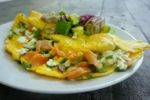 Open-Faced Smoked Salmon Omelette With Feta Cheese & Avocado