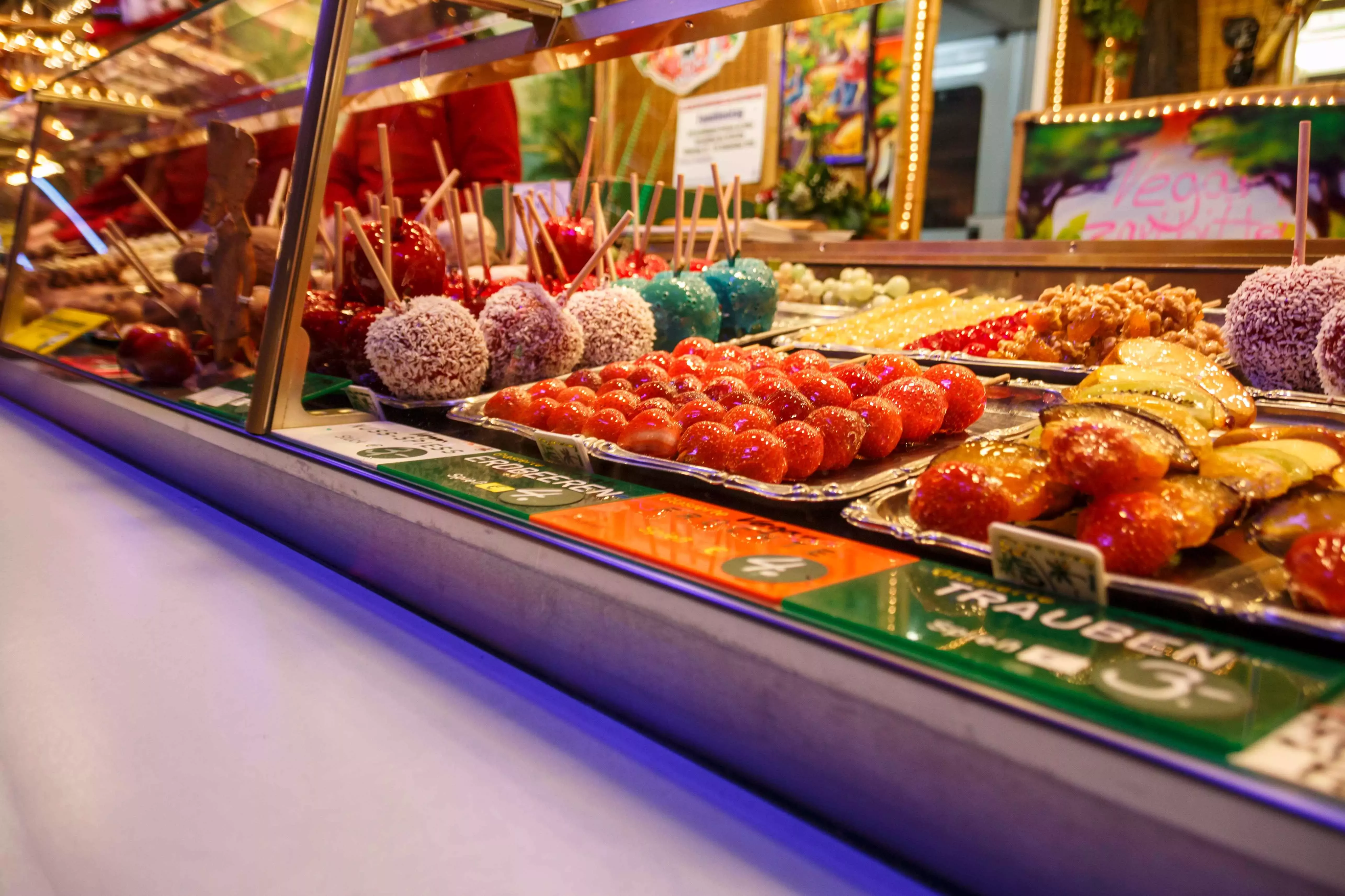 A display of various sweets and desserts available at Oktoberfest in Munich, Germany.