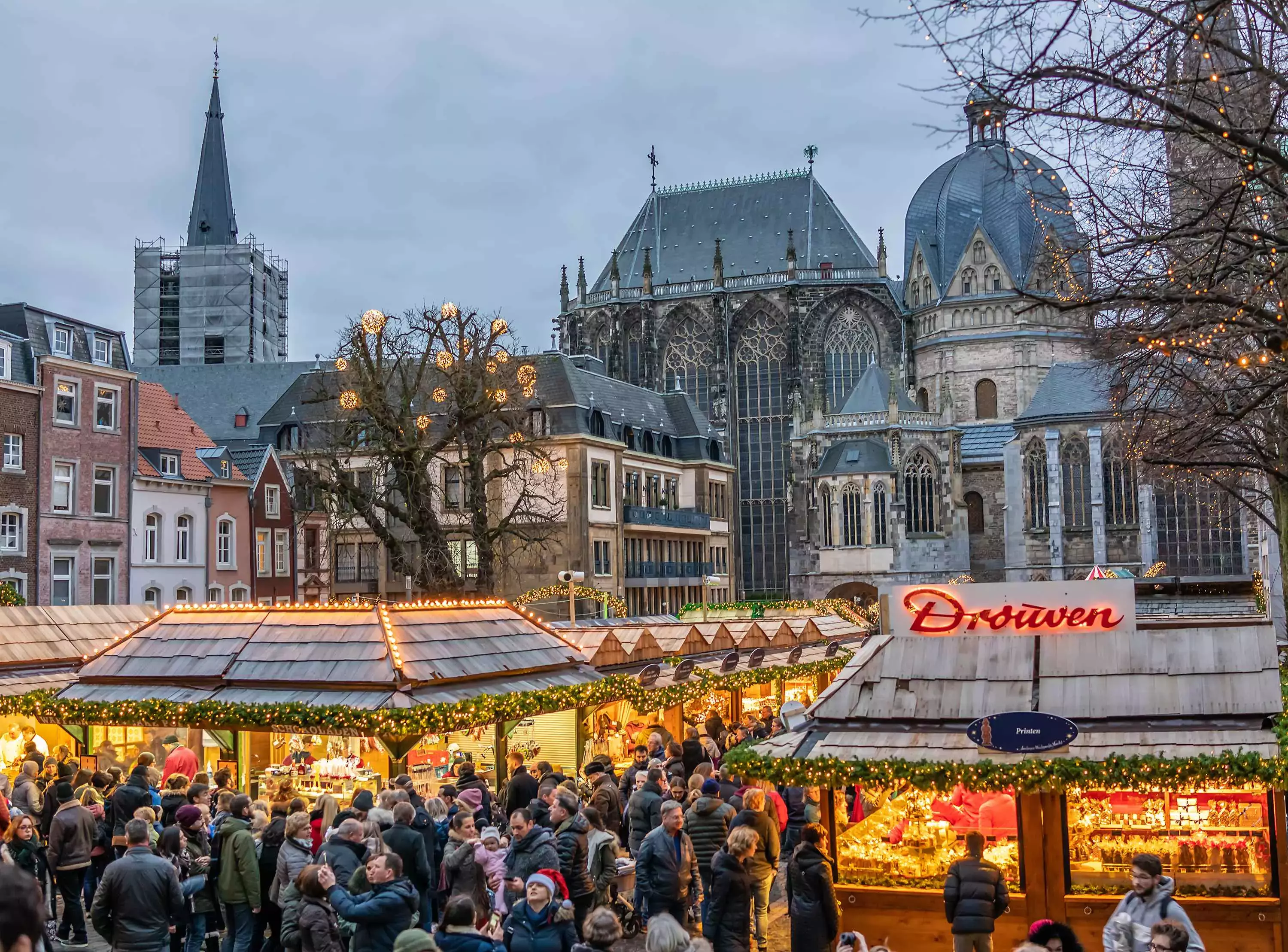 A collection of wooden market stalls at Cologne Christmas Market in Cologne, Germany