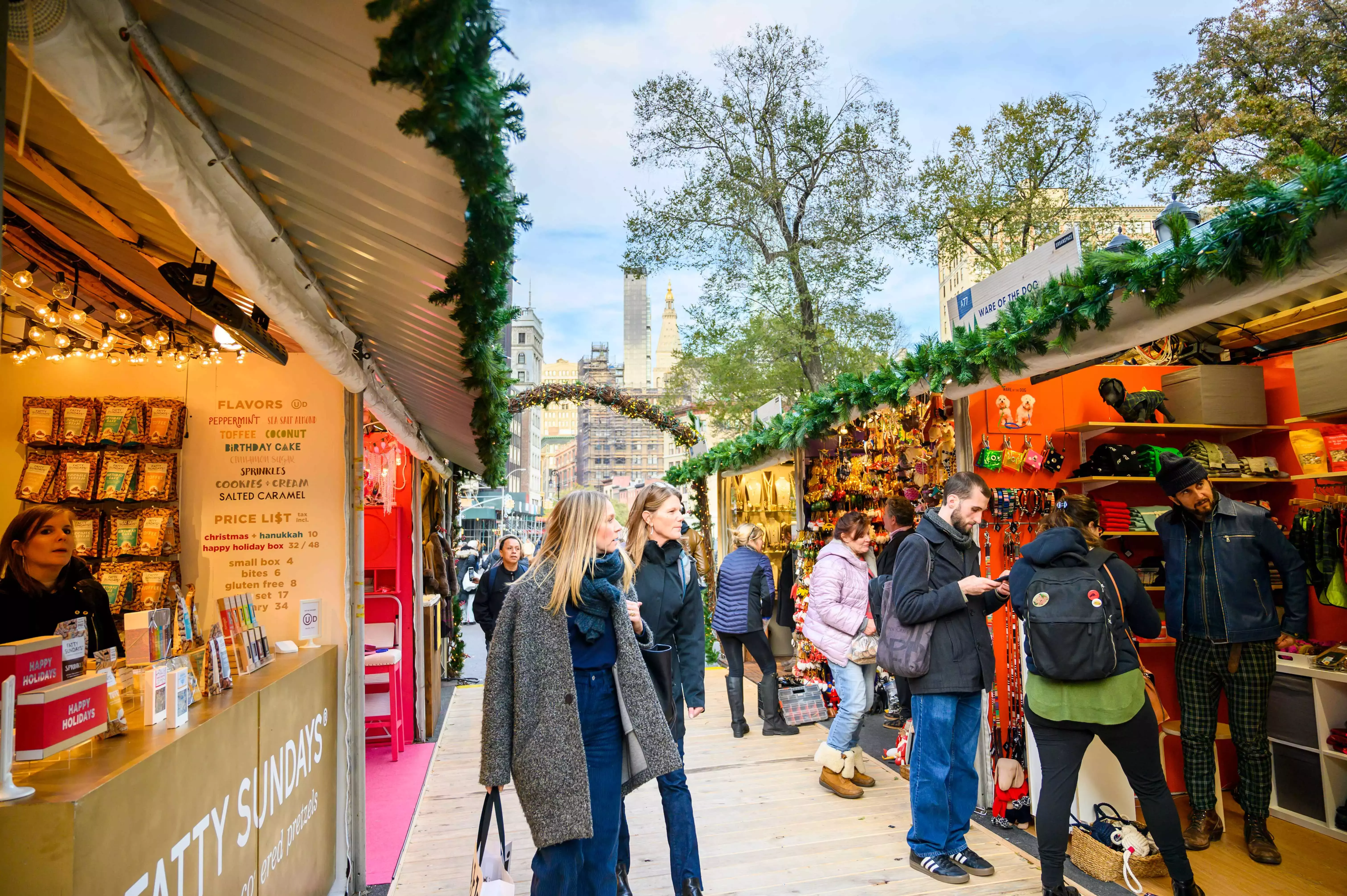 Stalls at Union Square Market, one of New York City&amp;amp;#039;s most popular Christmas Market in New York, USA