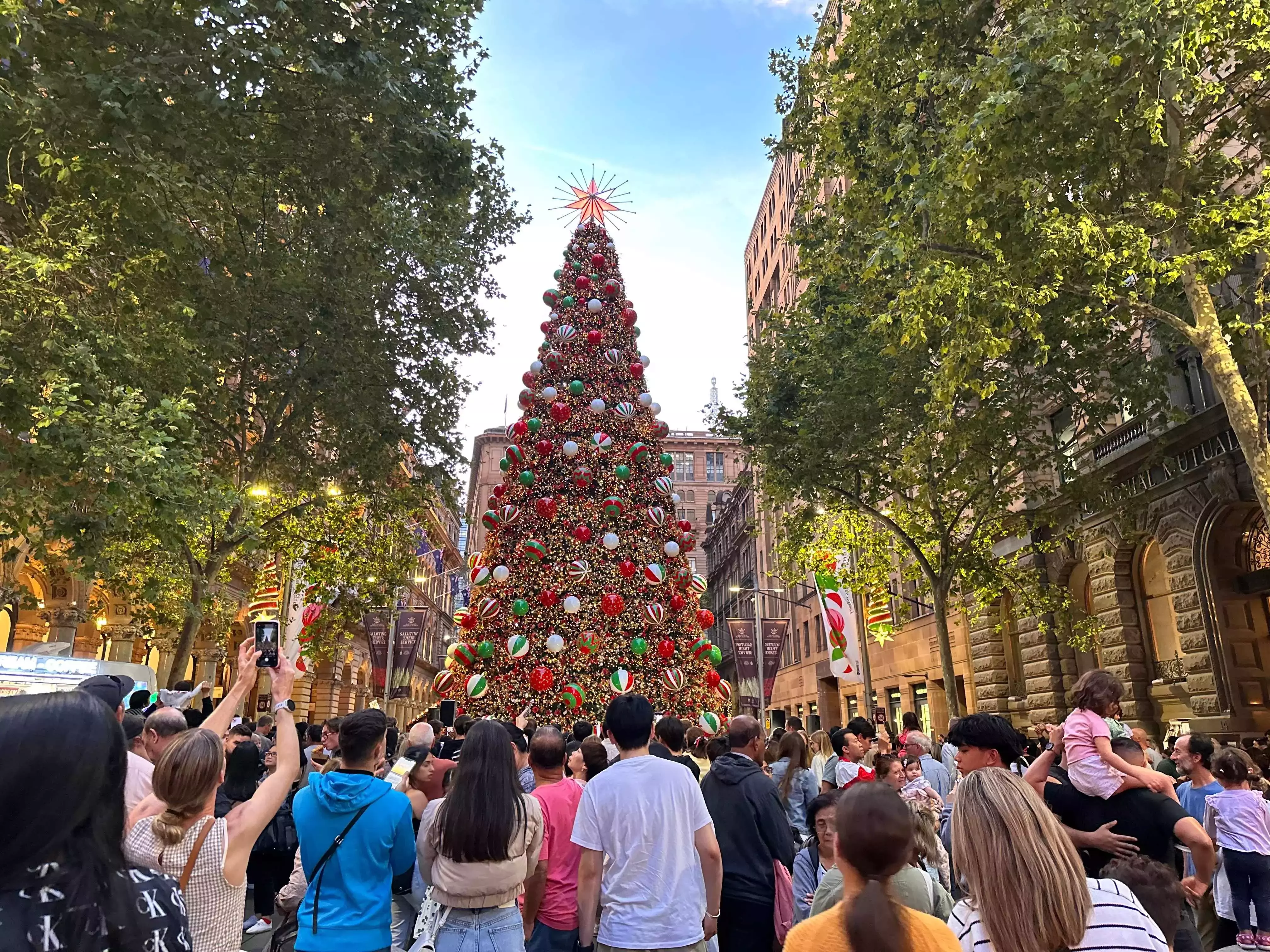 Christmas tree centrepiece at Sydney Martin Place Christmas market in Sydney, Australia