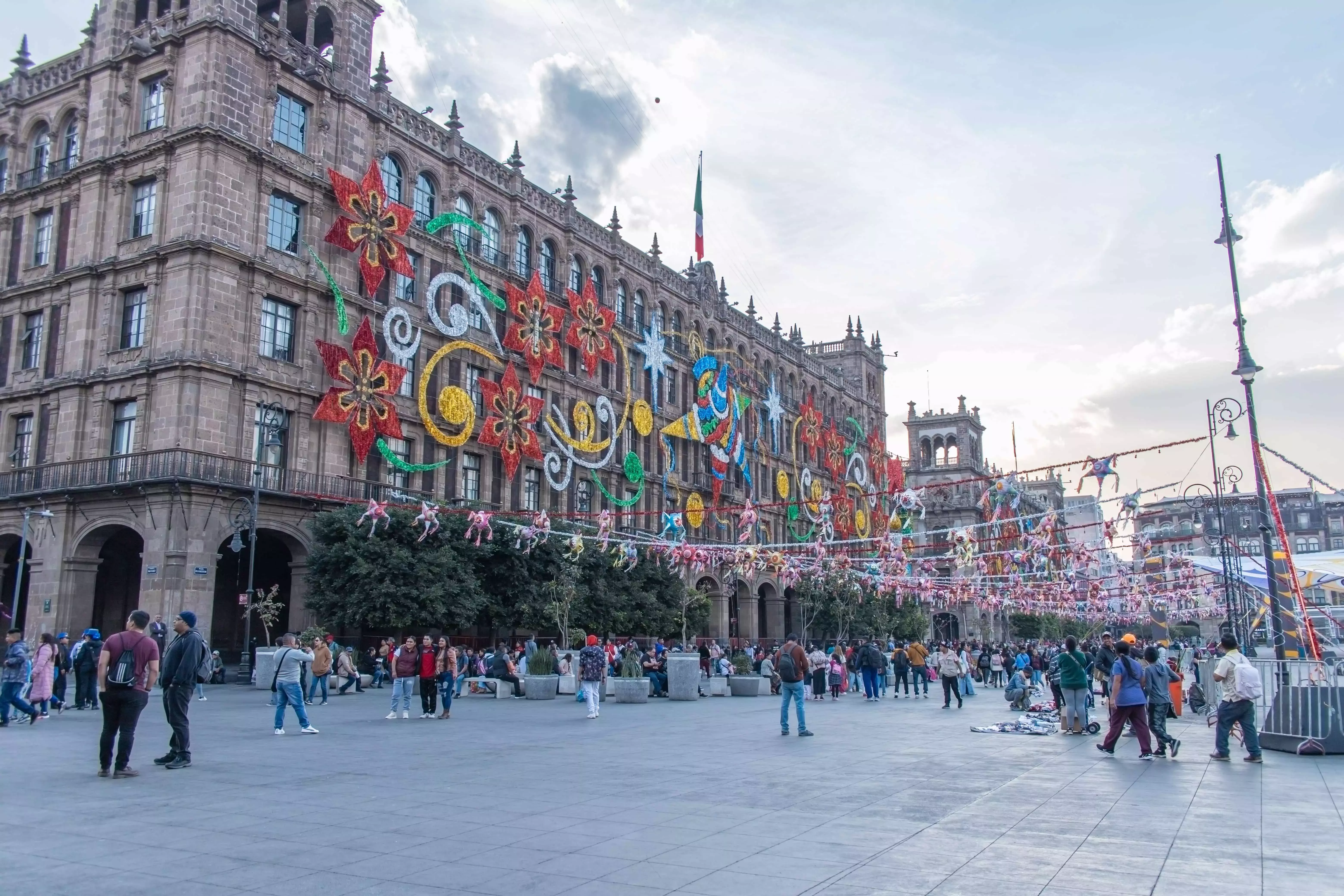 Christmas light display on a building in Zocalo&amp;amp;#039;s main square in Mexico City, Mexico.