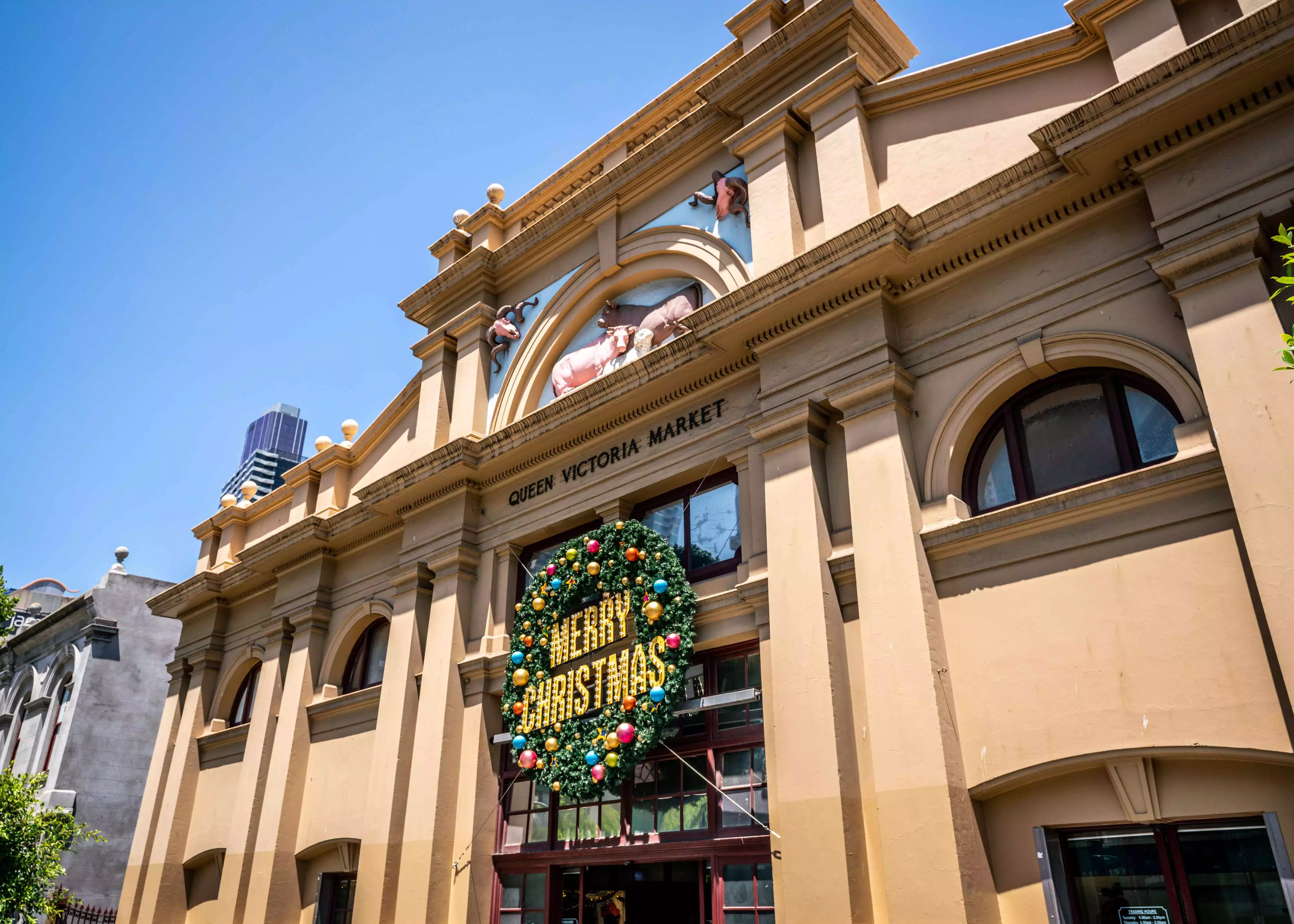Christmas wreath outside of Queen Victoria Market in Melbourne, Australia