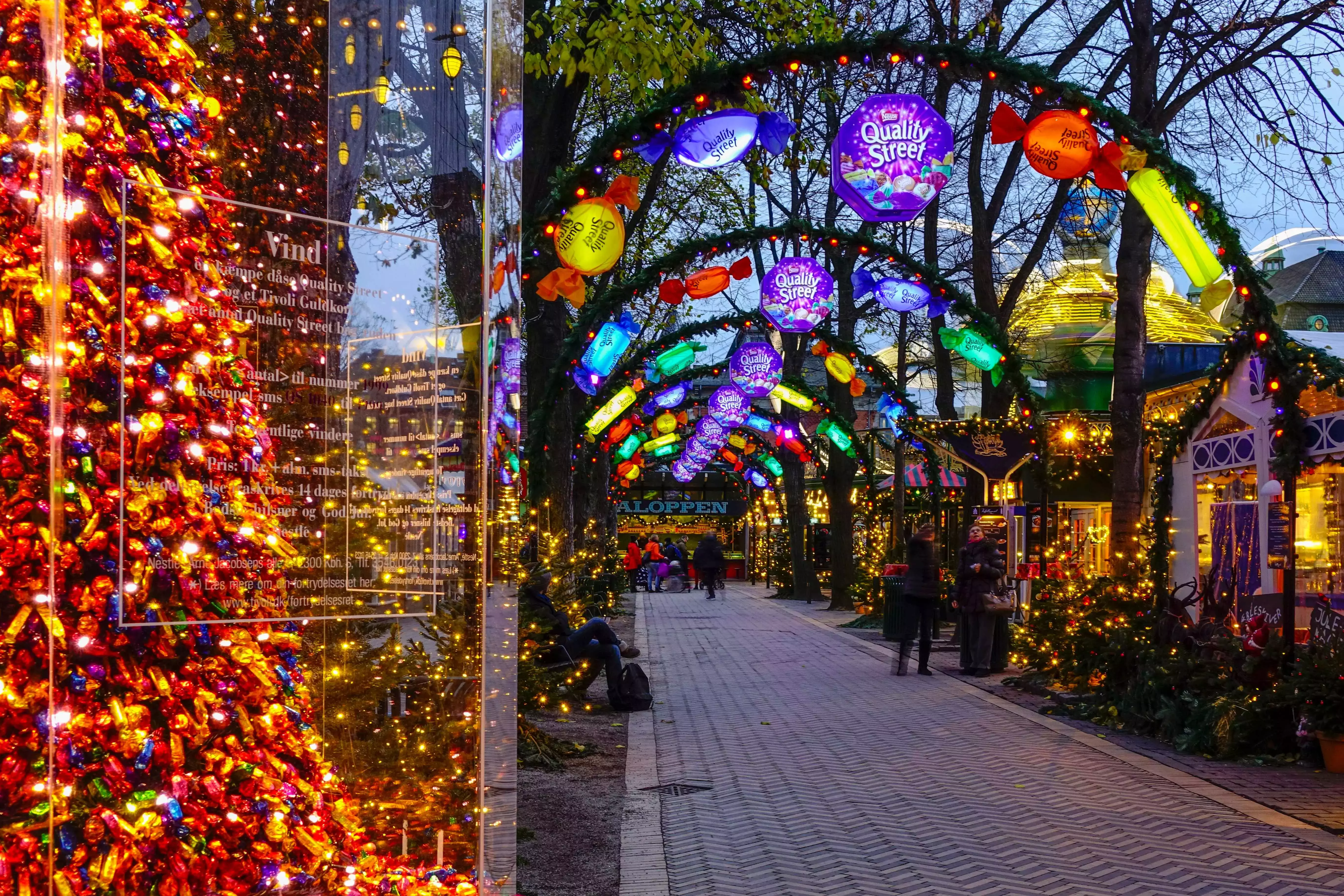 Colourful light display over the archway to Tivoli Gardens in Denmark.
