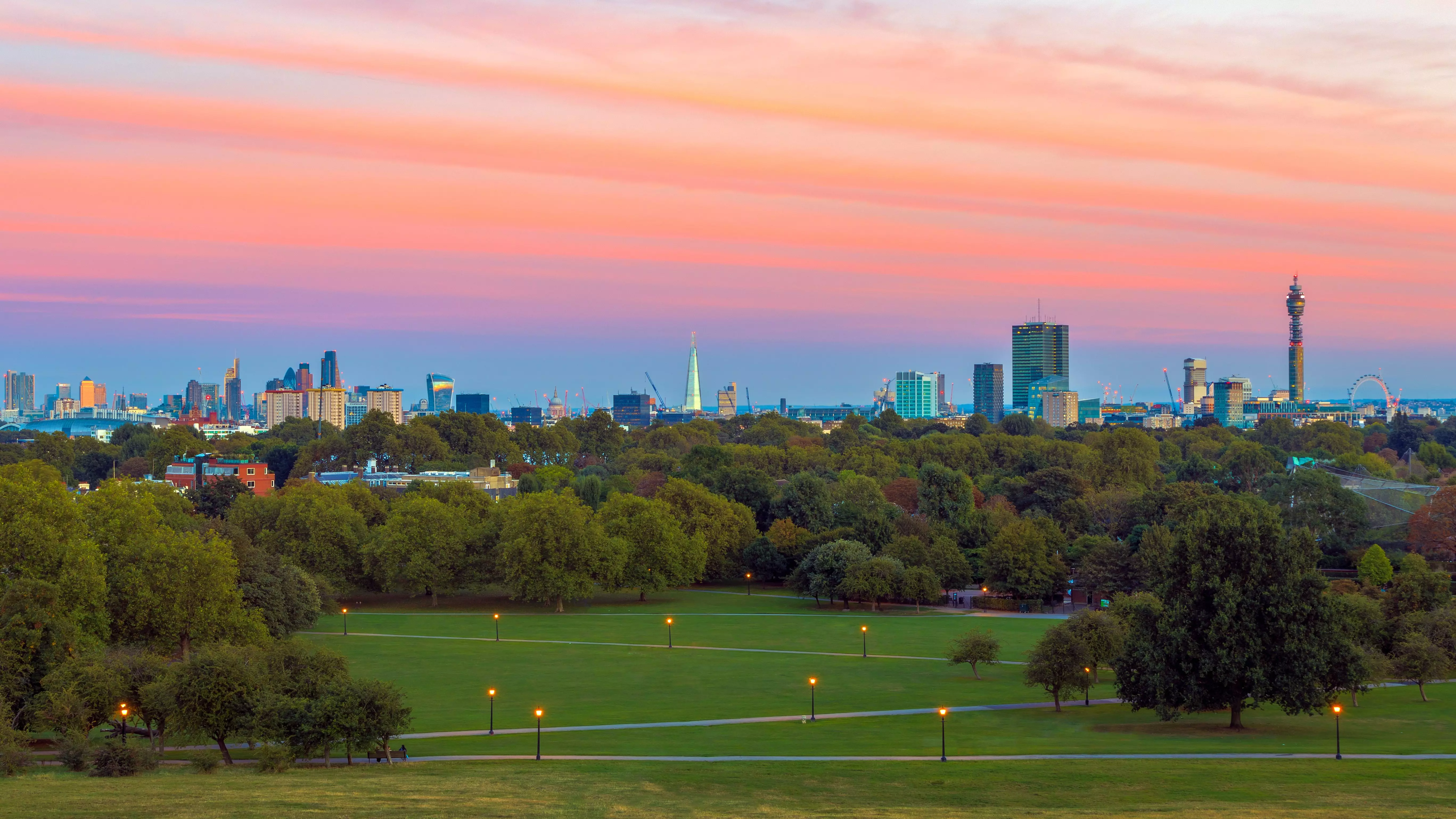 Panoramic views over London from Primrose Hill.