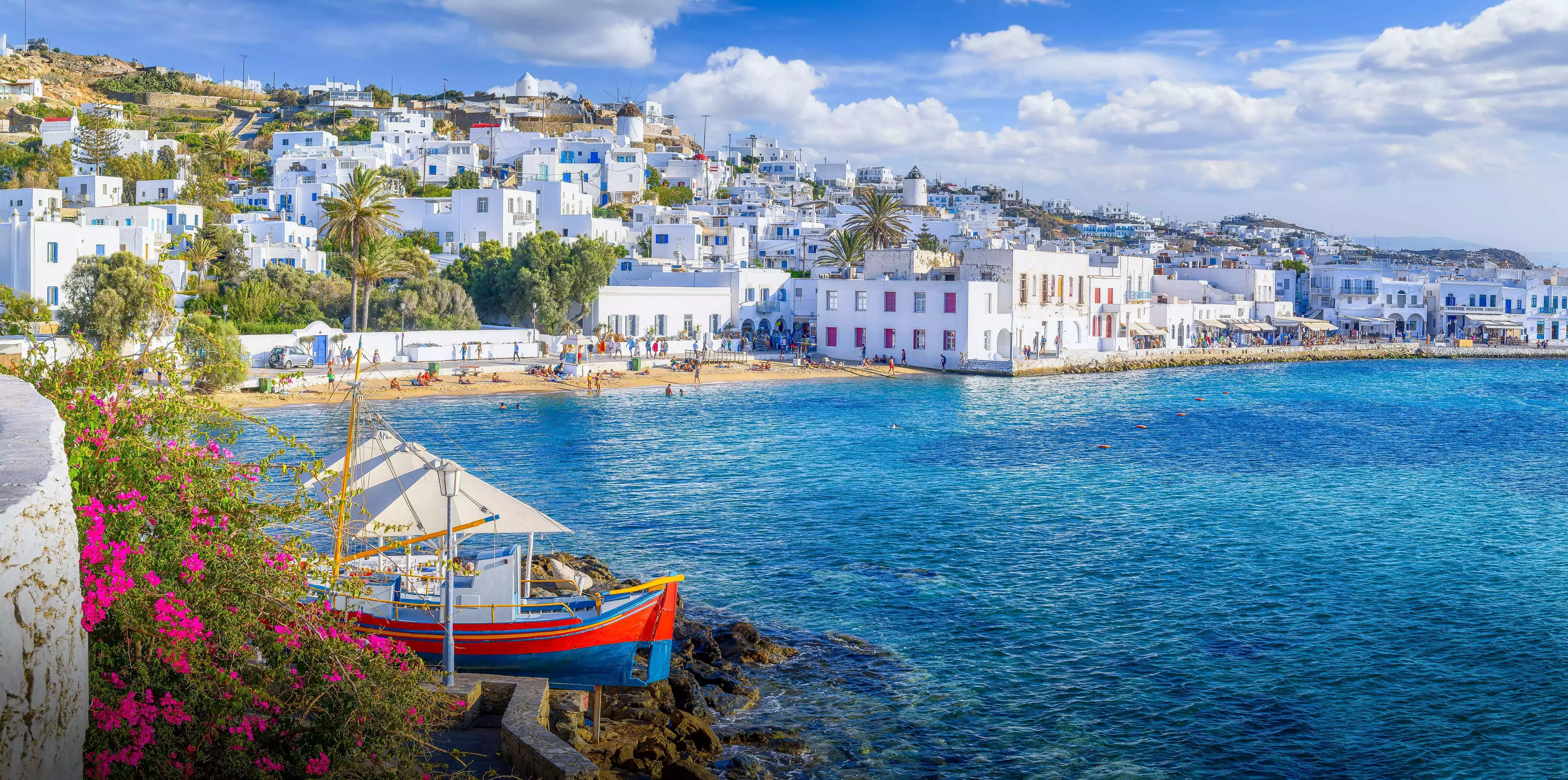 Classic whitewashed houses in Mykonos, Greece.