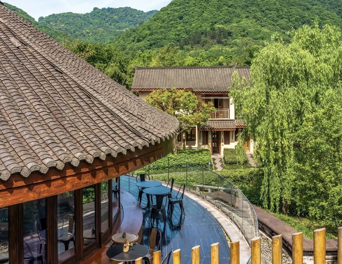 A photograph of the surrounding mountains at Six Senses Qing Cheng Mountain, China.