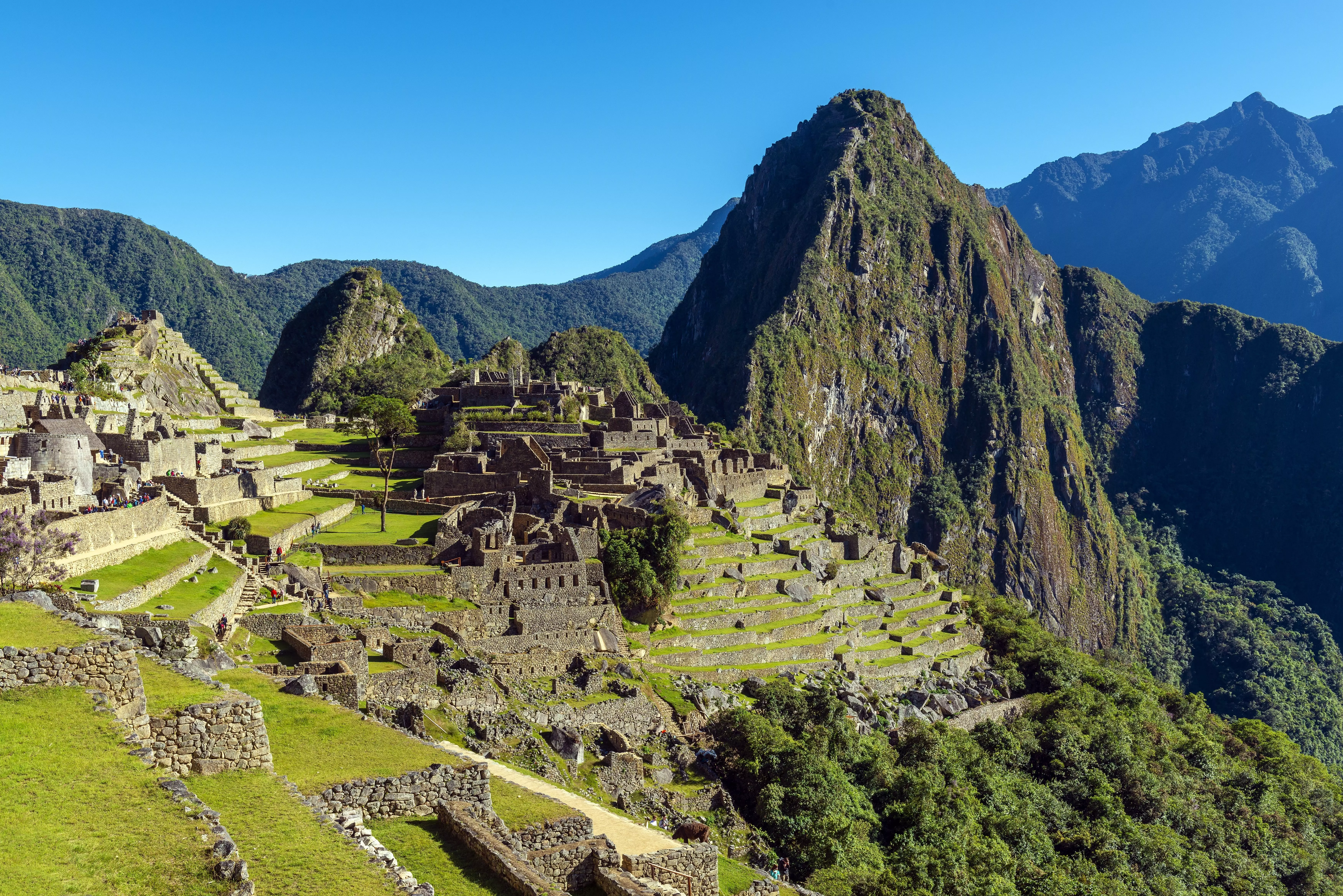 Machu Picchu on a sunny day with blue skies