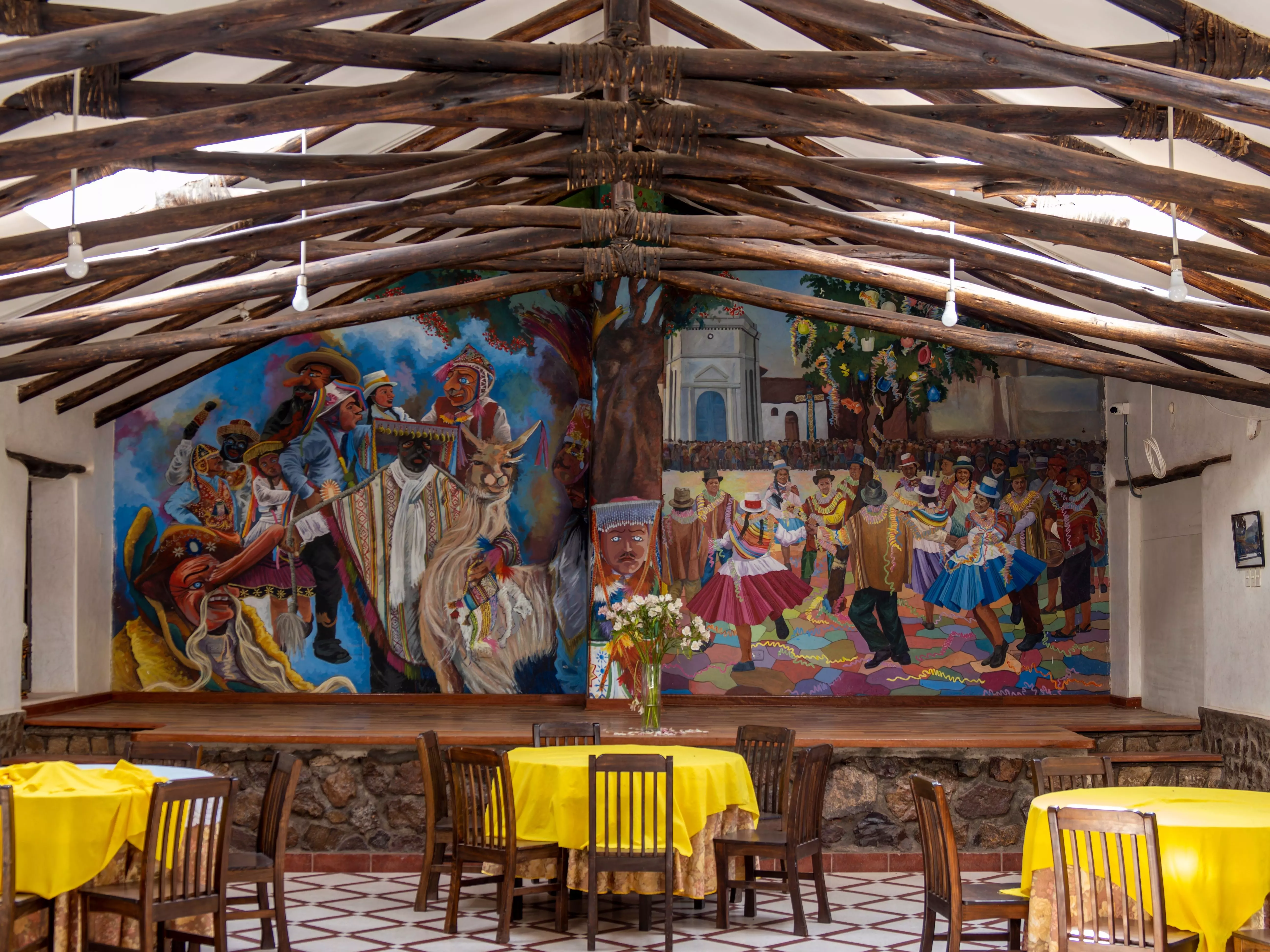 Traditional mural paintings in a restaurant in Cusco, Peru