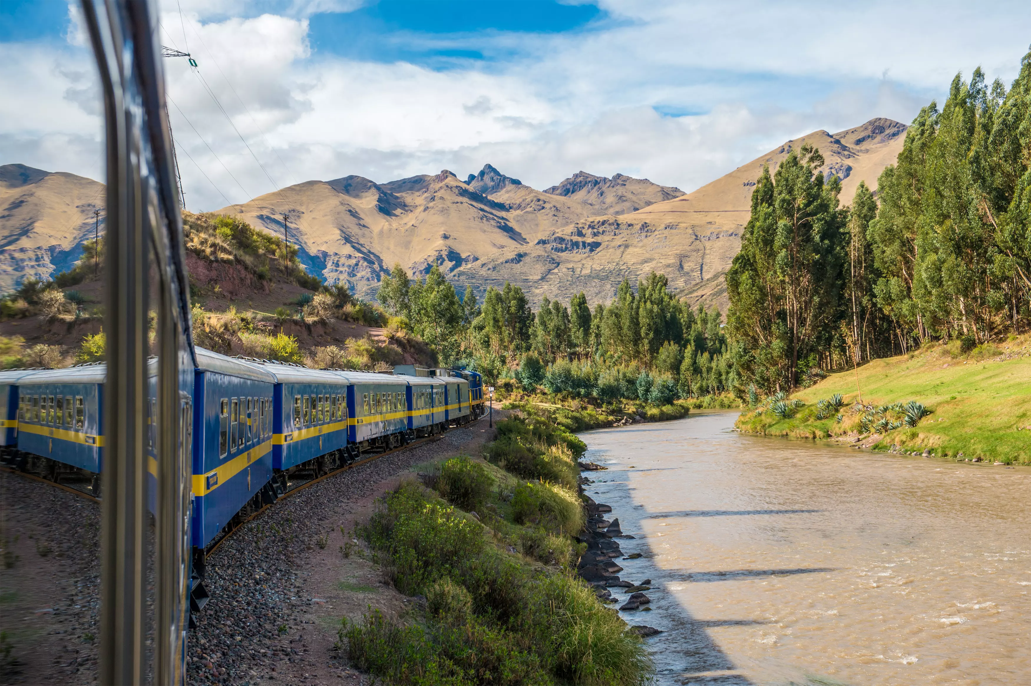PeruRail train travelling through the Sacred Valley in Peru