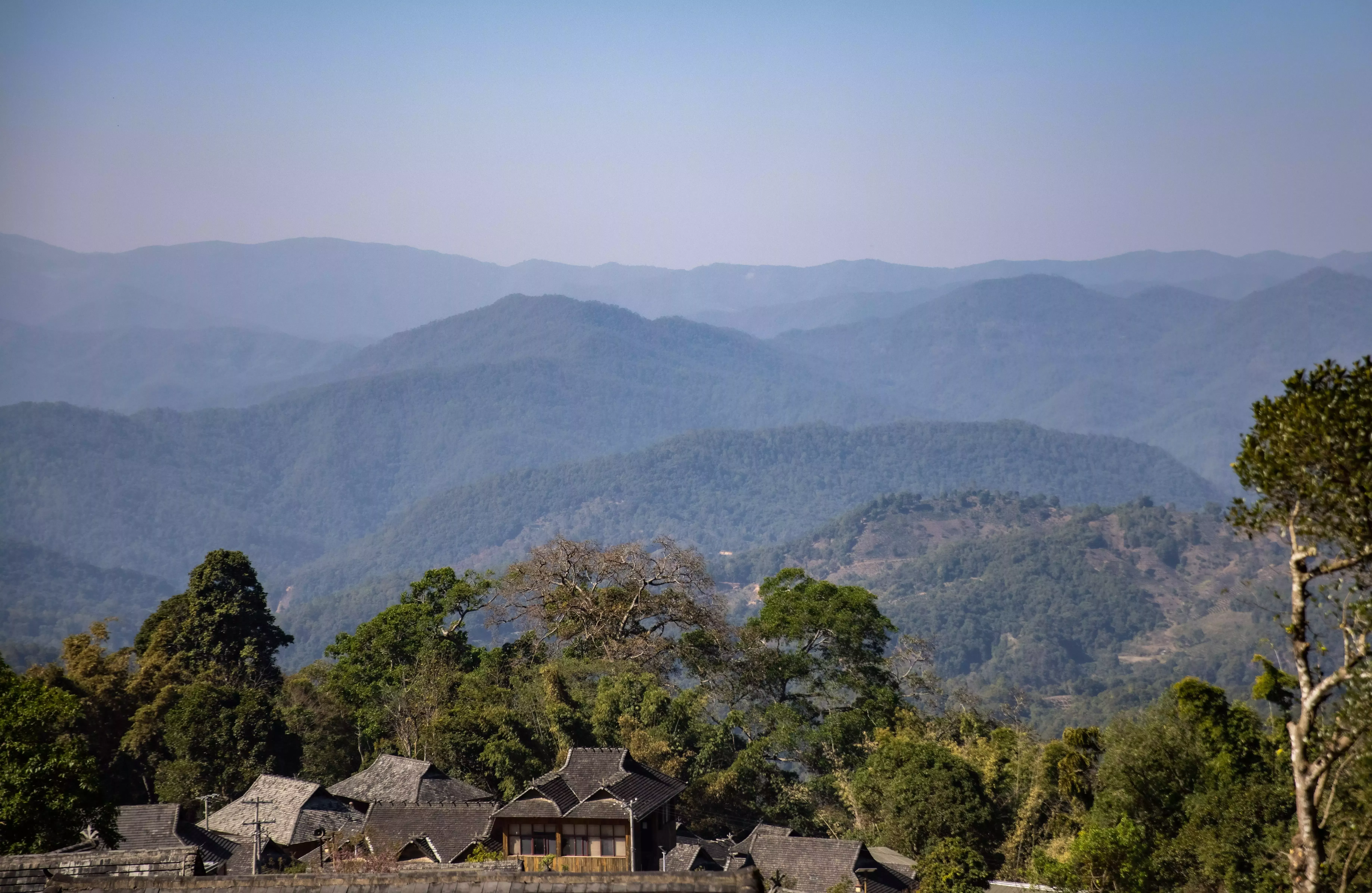 Misty tea mountains with traditional houses in the foreground in Yunnan, China