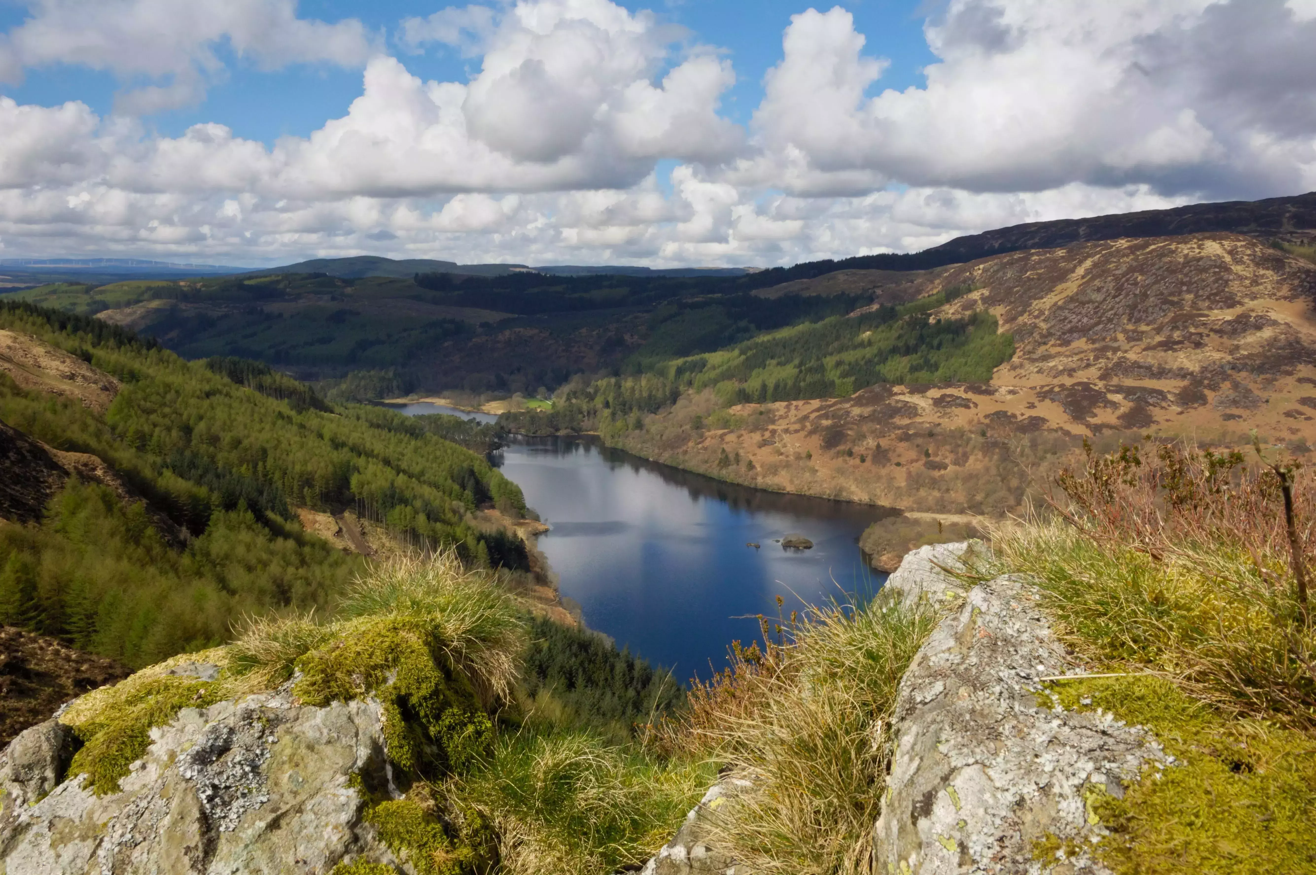 Landscape shot of beautiful countryside with lake in Galloway, Scotland