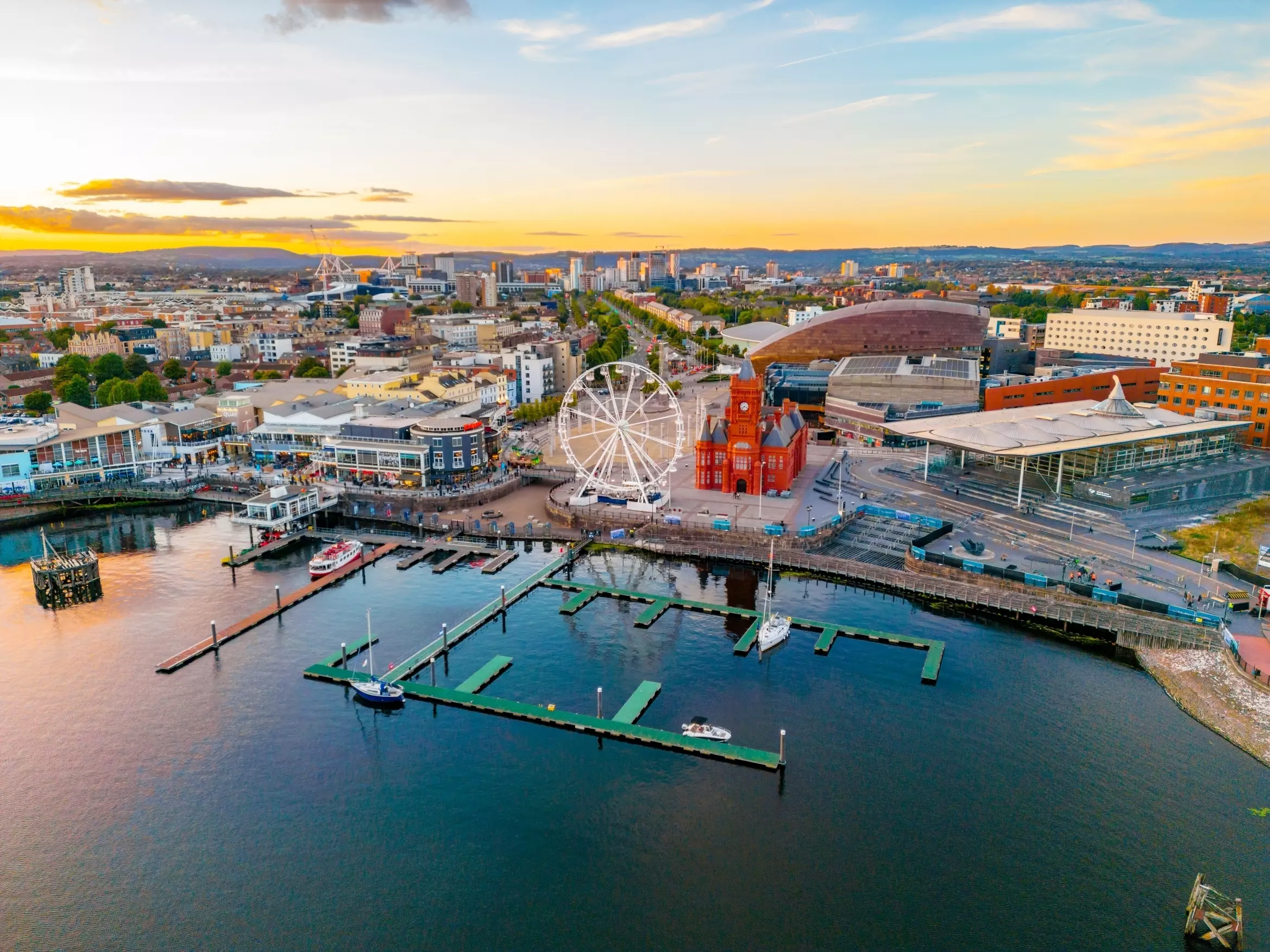 Aerial sunset view of Cardiff, Wales