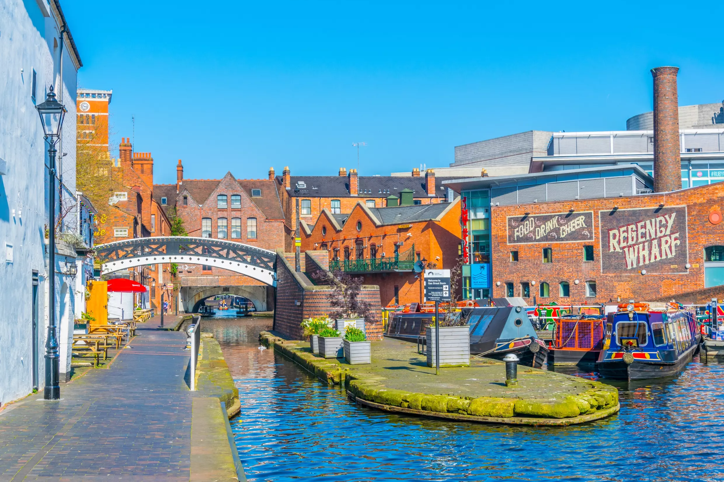 Canal boats on Regency Wharf in Birmingham, England