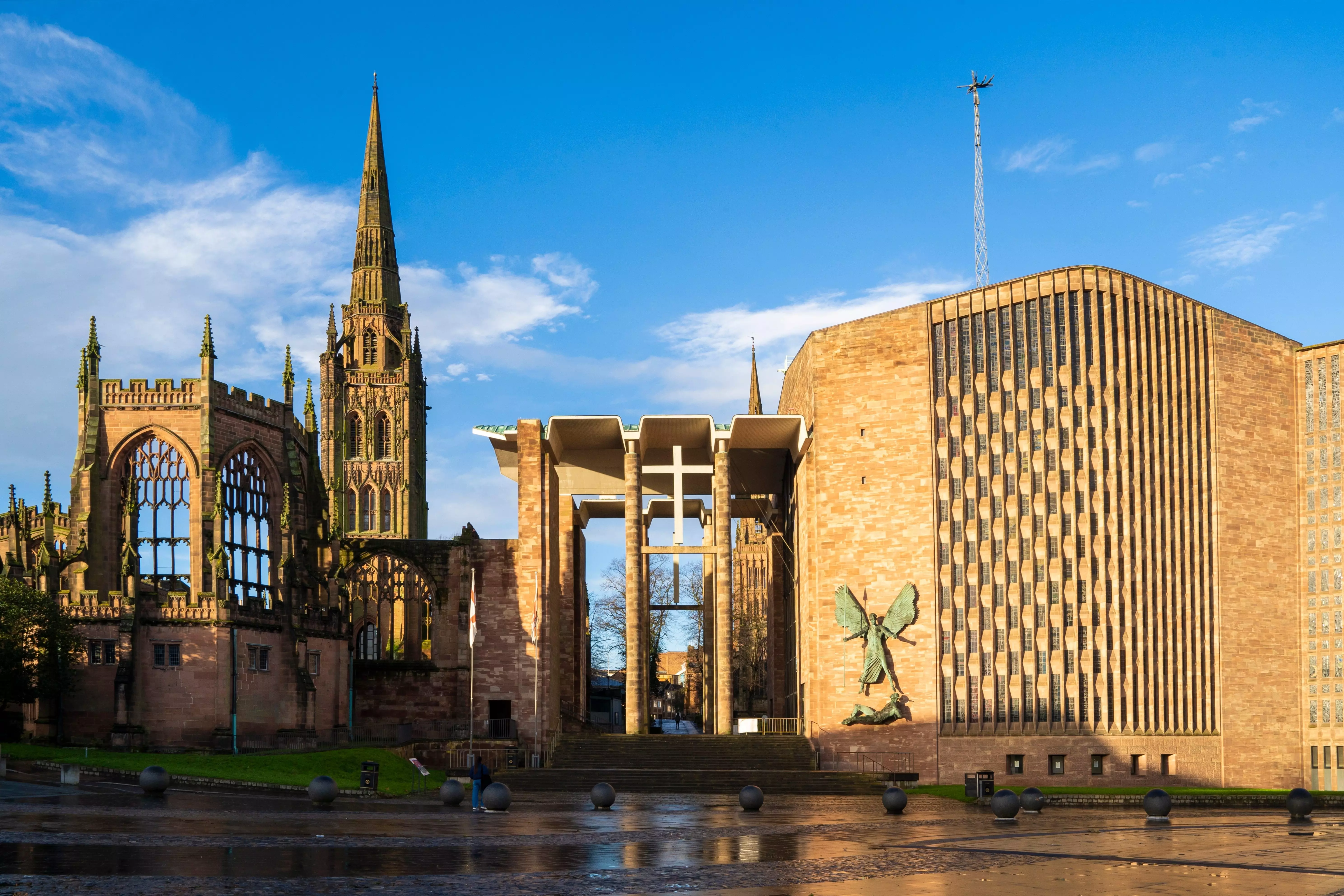 The old and new cathedral in Coventry, England