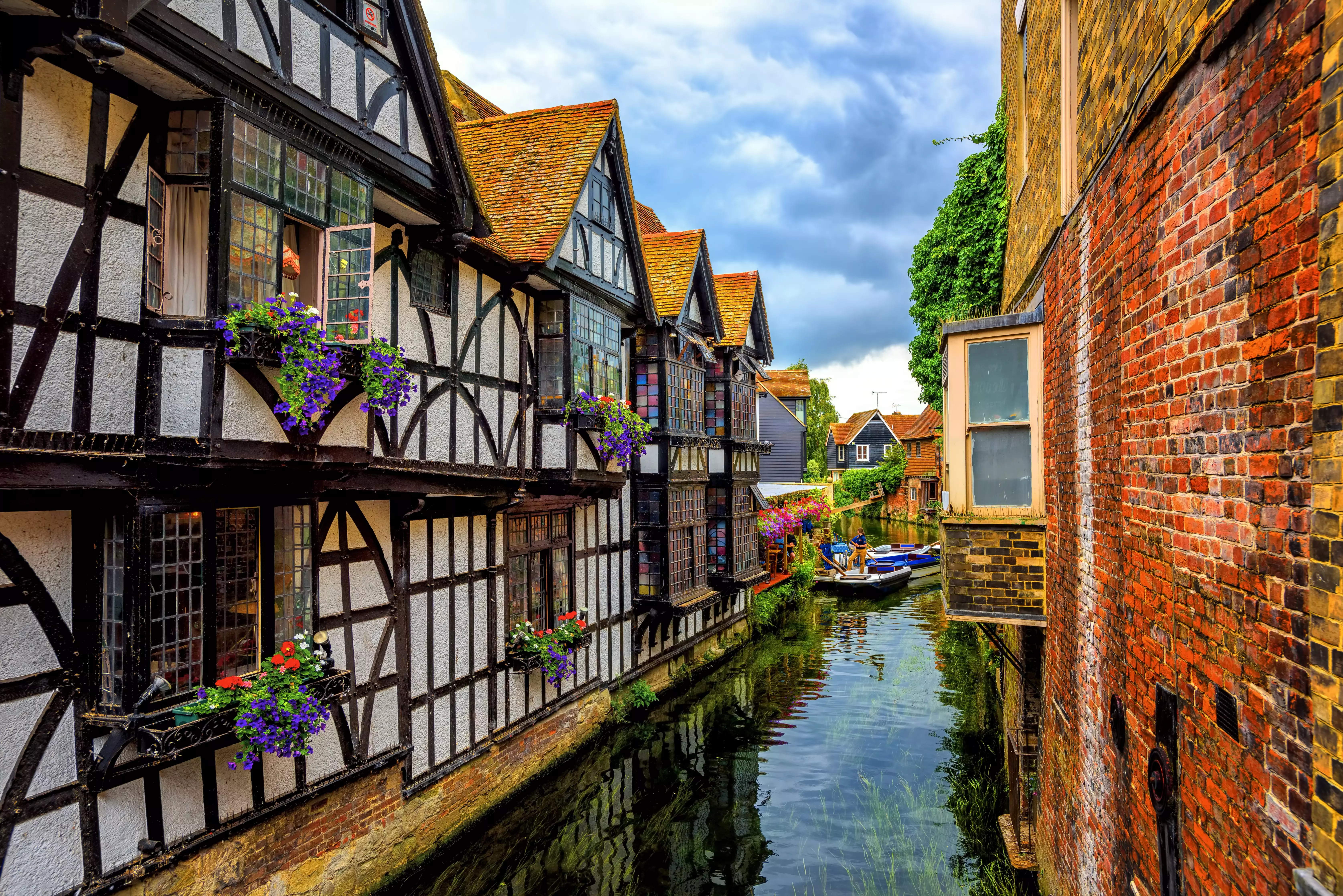 Narrow waterway between Tudor houses in Canterbury, England