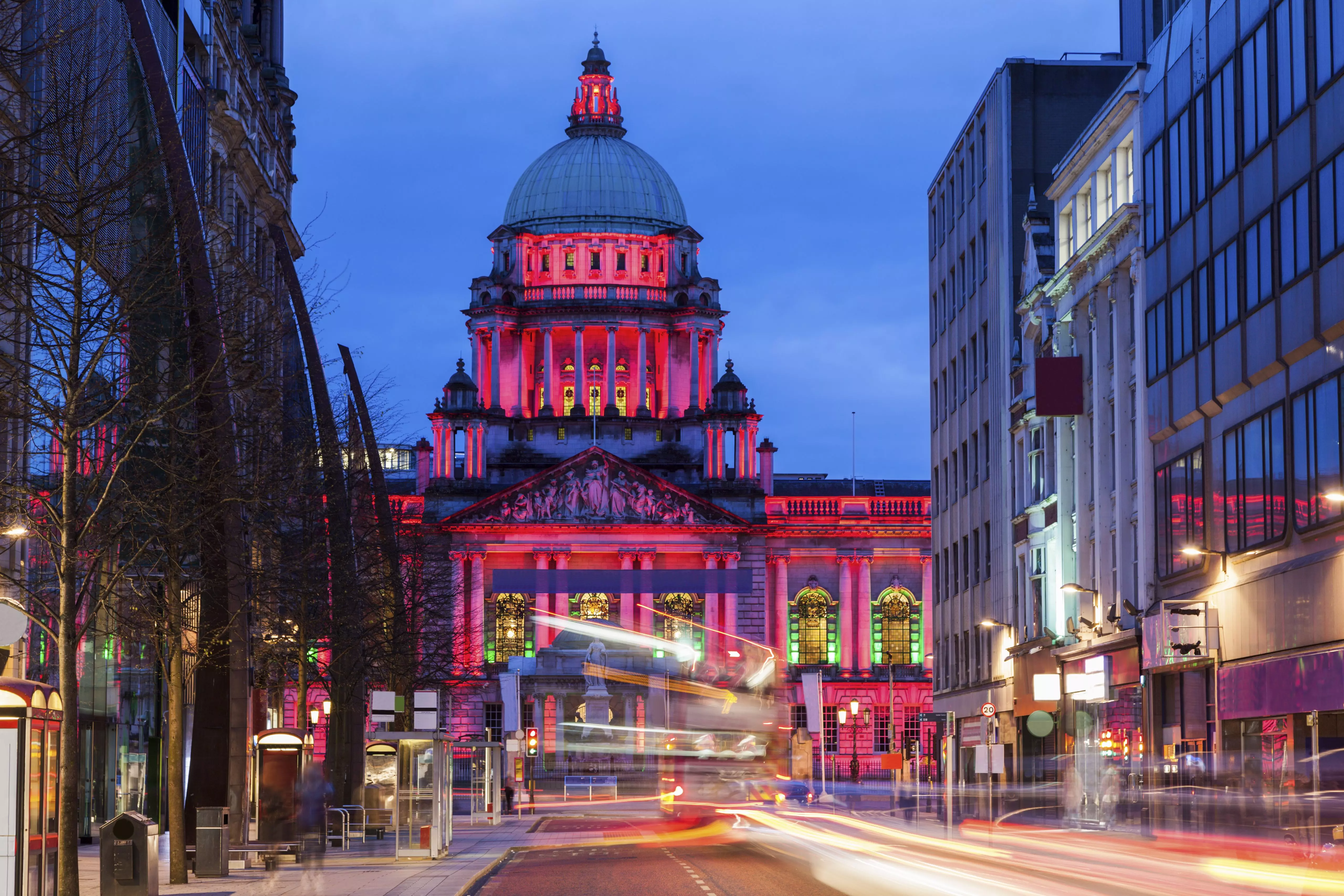 Belfast City Hall illuminated at night in Belfast, Northern Ireland