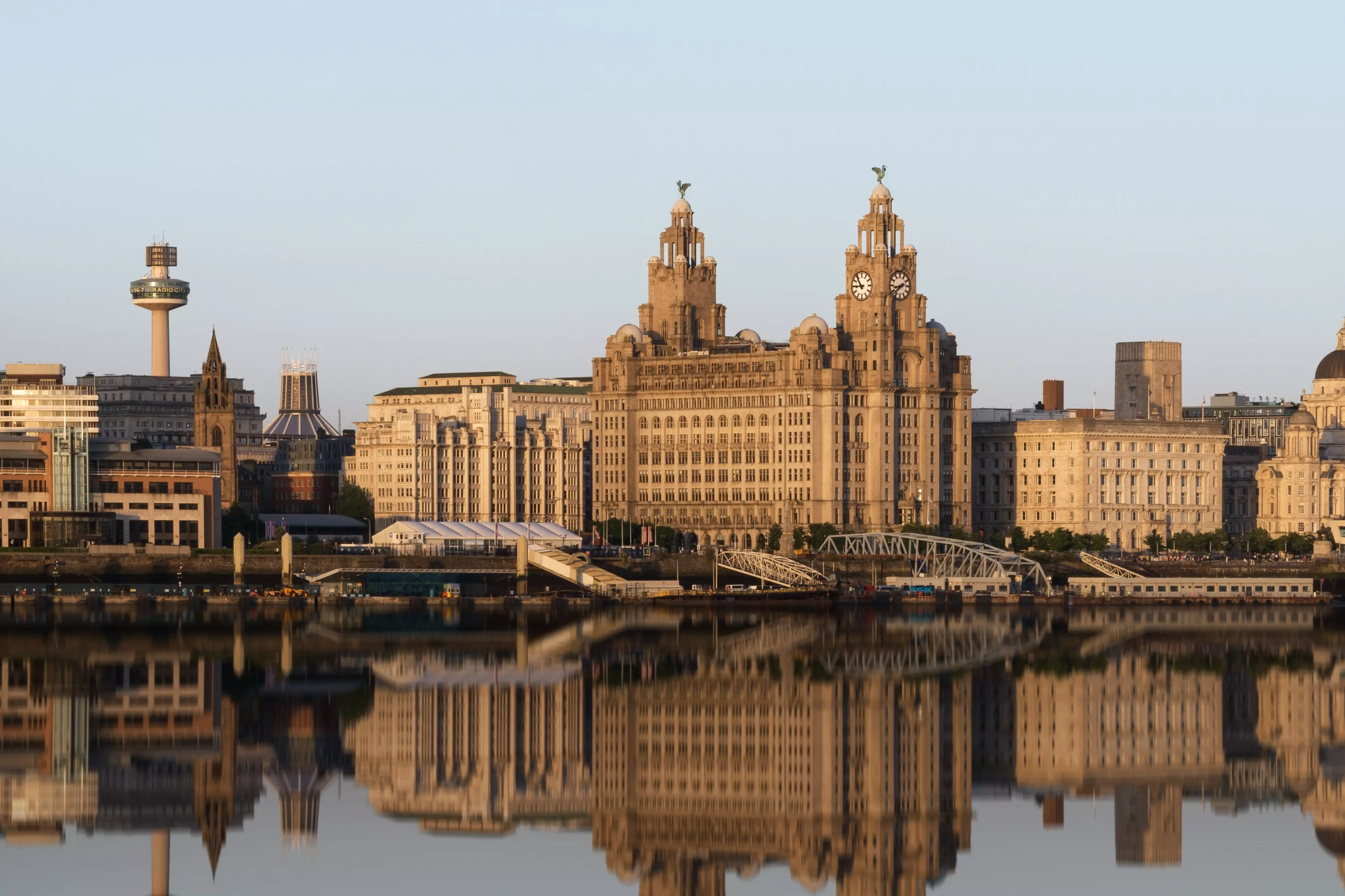 Waterfront of Liverpool with reflection in the water
