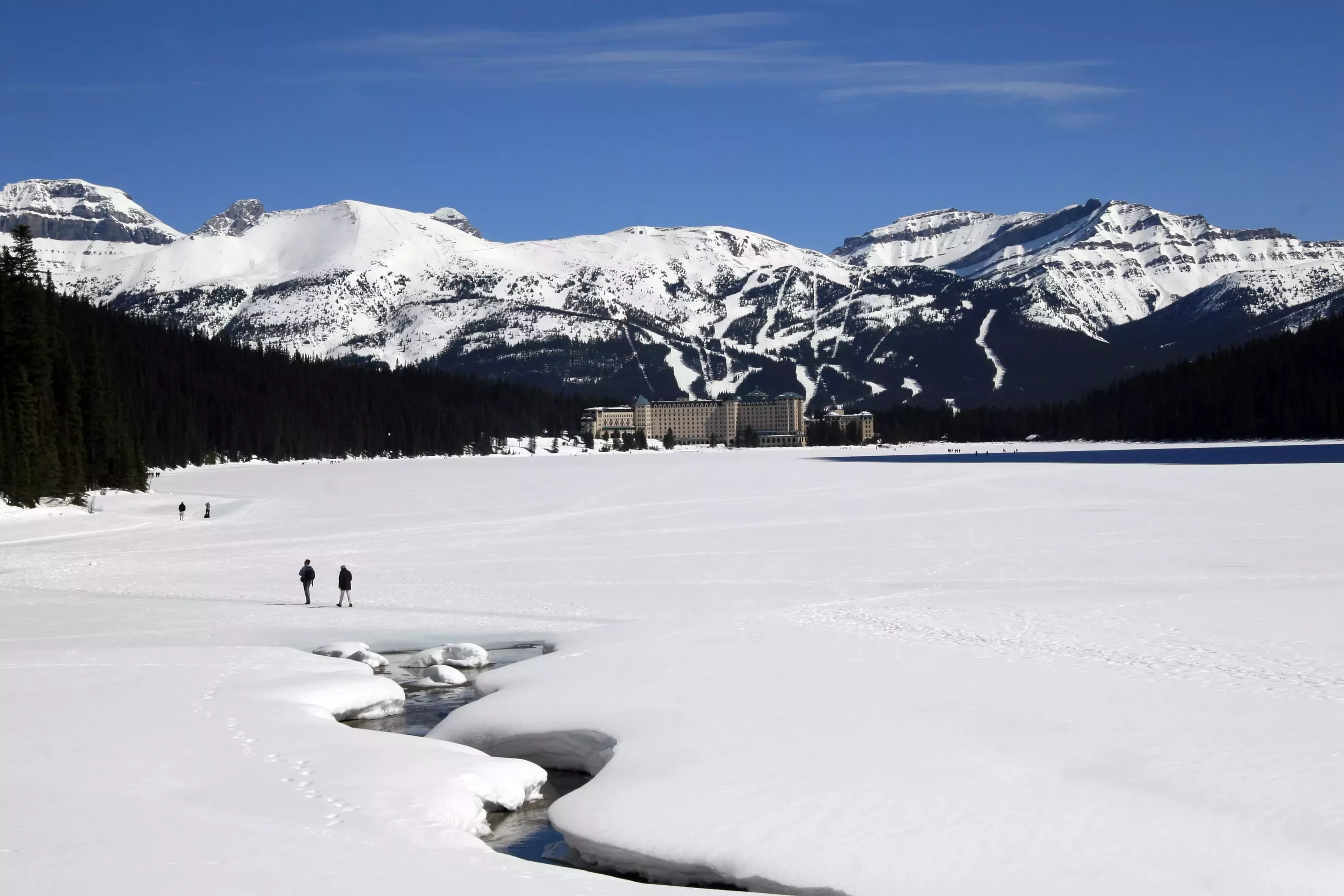 Ice skating on the frozen waters of Lake Louise makes for a memorable white Christmas.