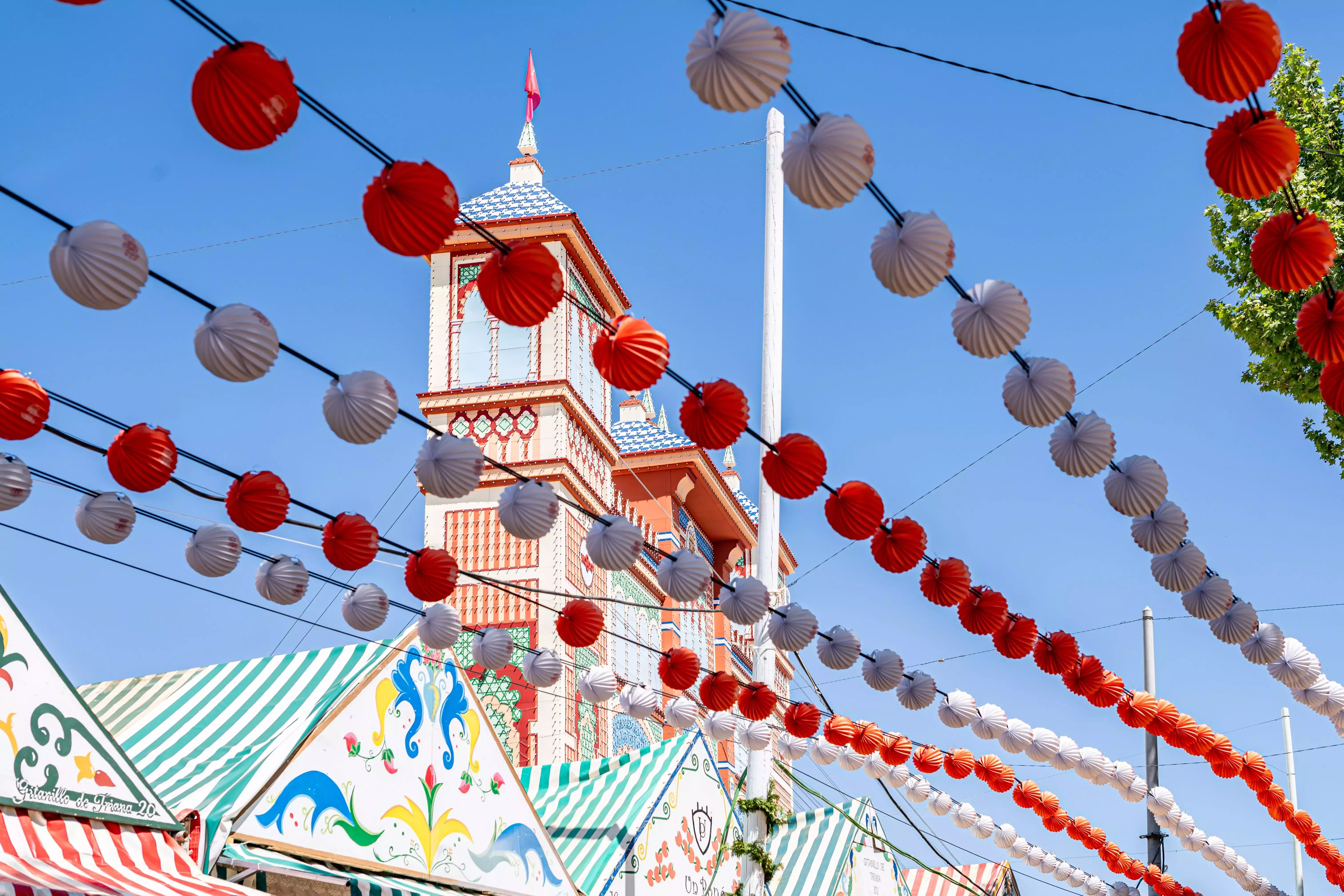 Colourful bunting in the streets of Seville, Spain to celebrate Feria de Abril