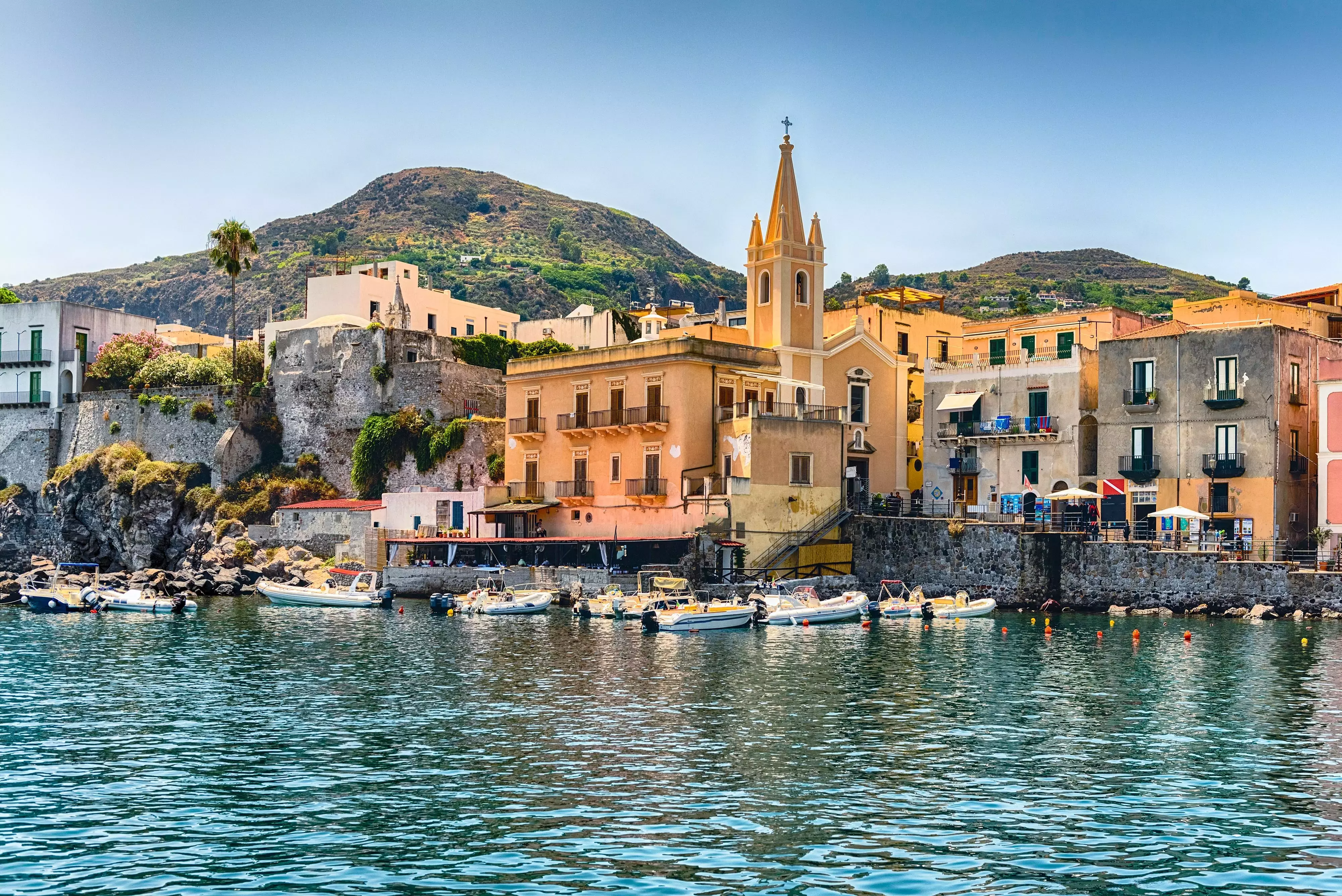 Colourful marina of Lipari in the Aeolian Islands, Sicily, Italy