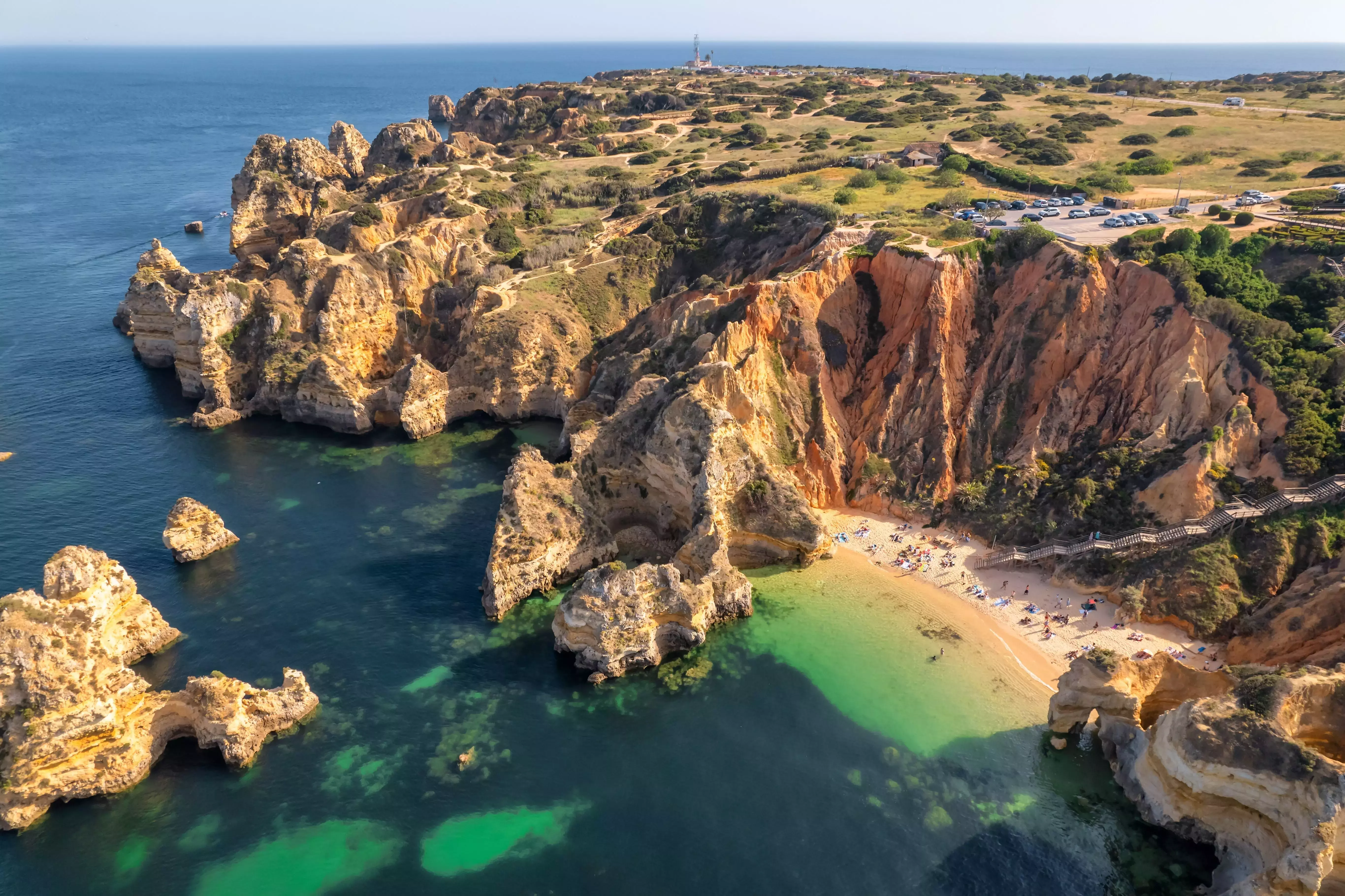 Birds eye view shot of Praia de Camilo near Lagos in the Algarve, Portugal