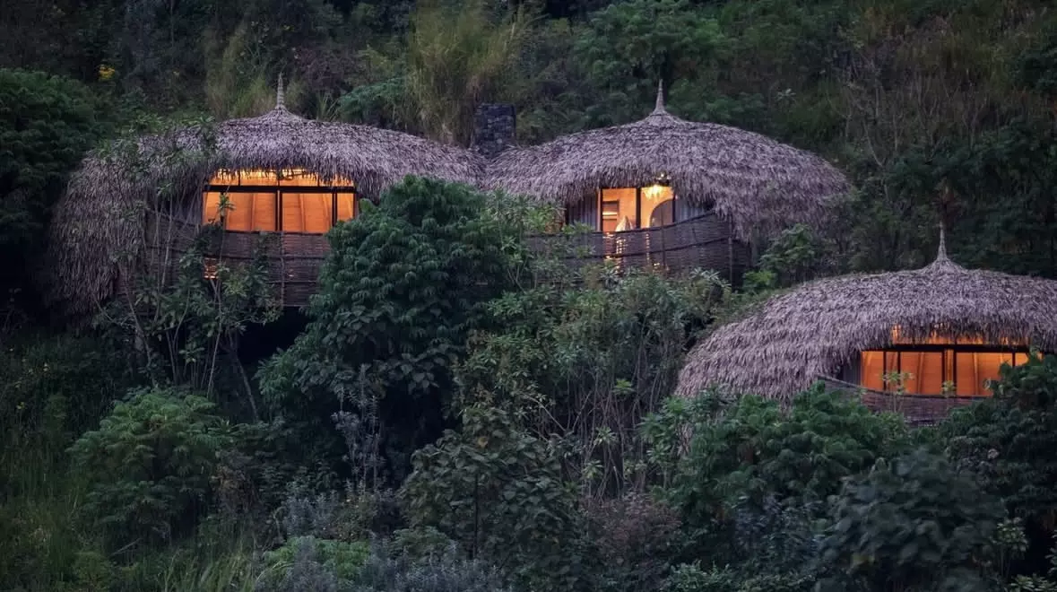 Eco-friendly safari lodges on a hillside in Rwanda, East Africa.