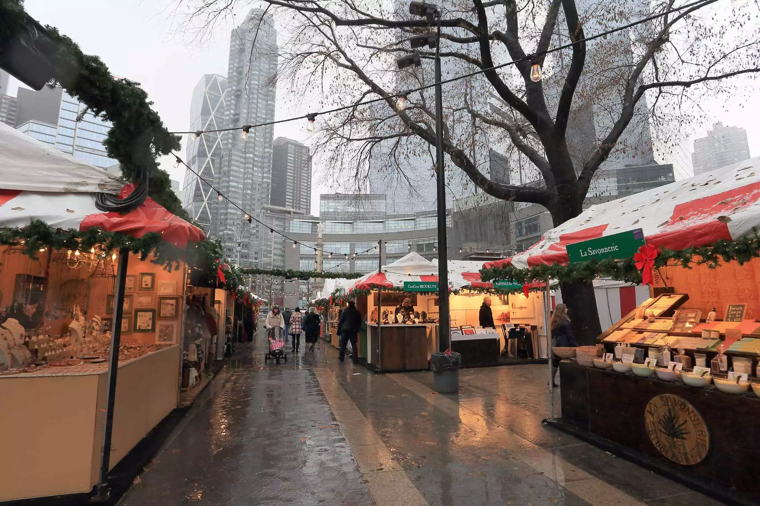 Various market stalls at the Columbus Circle Holiday Market in New York.