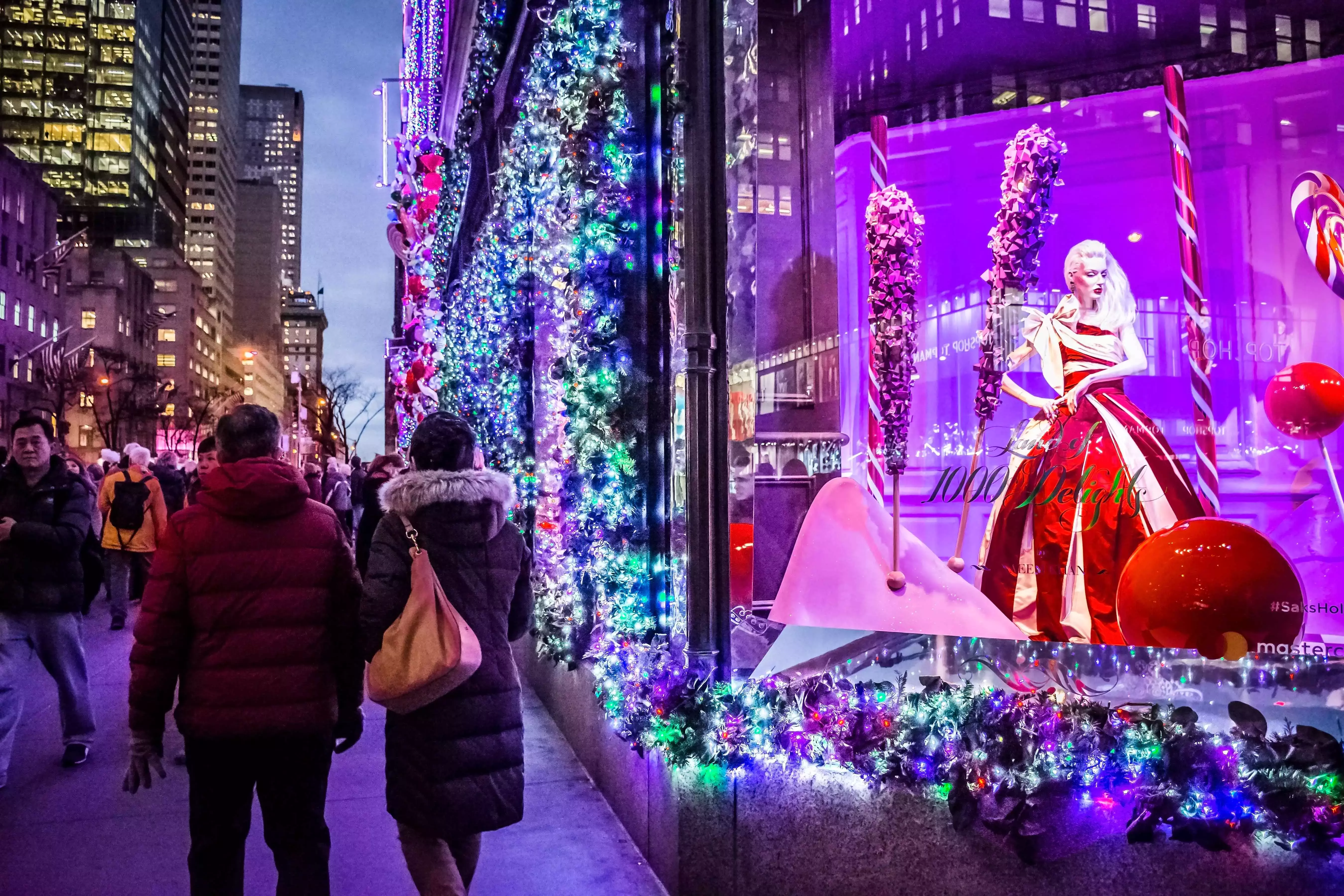 Lights illuminating the flagship Saks storefront in New York City. 