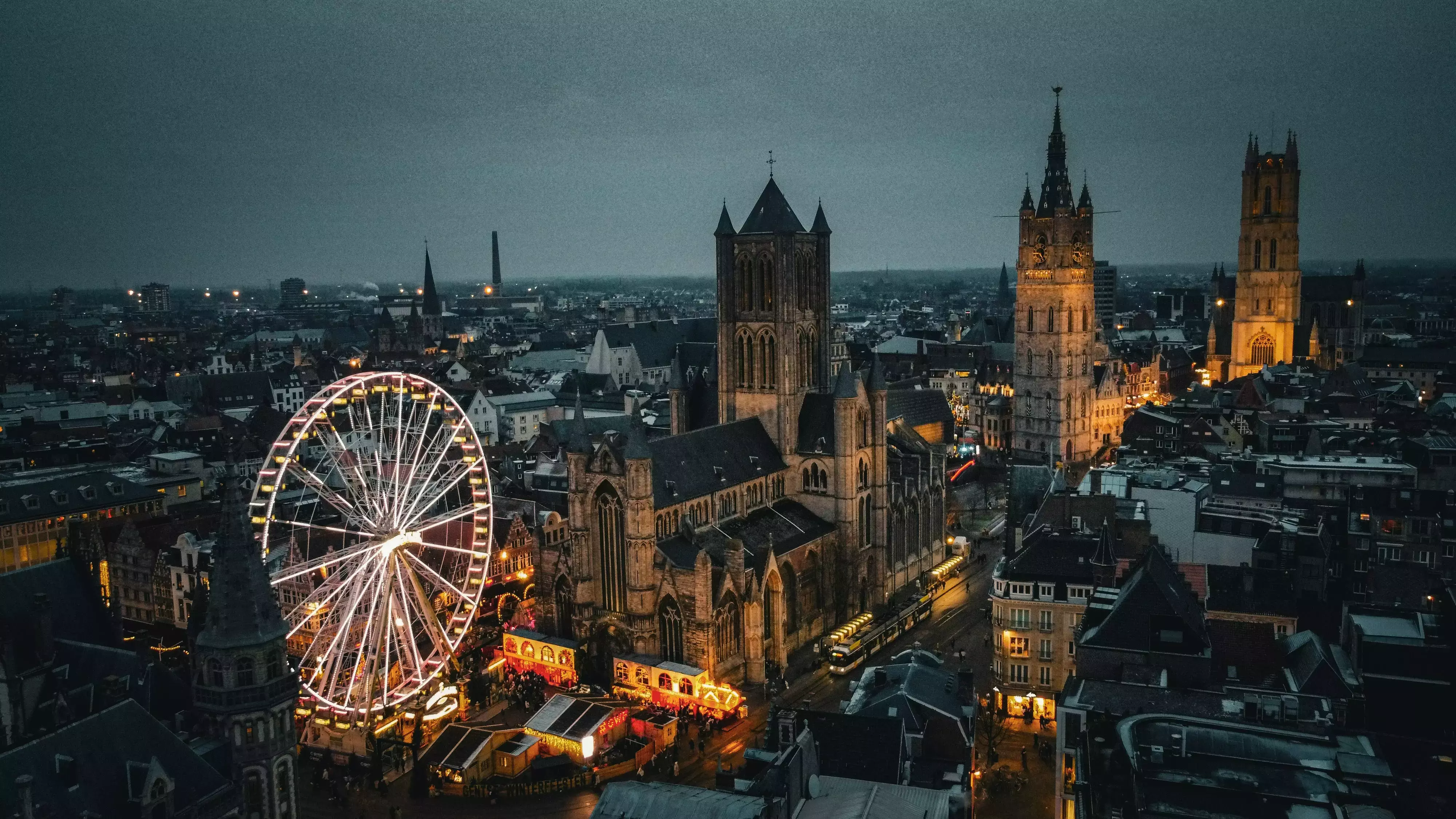 A festive scene of Ghent from above.