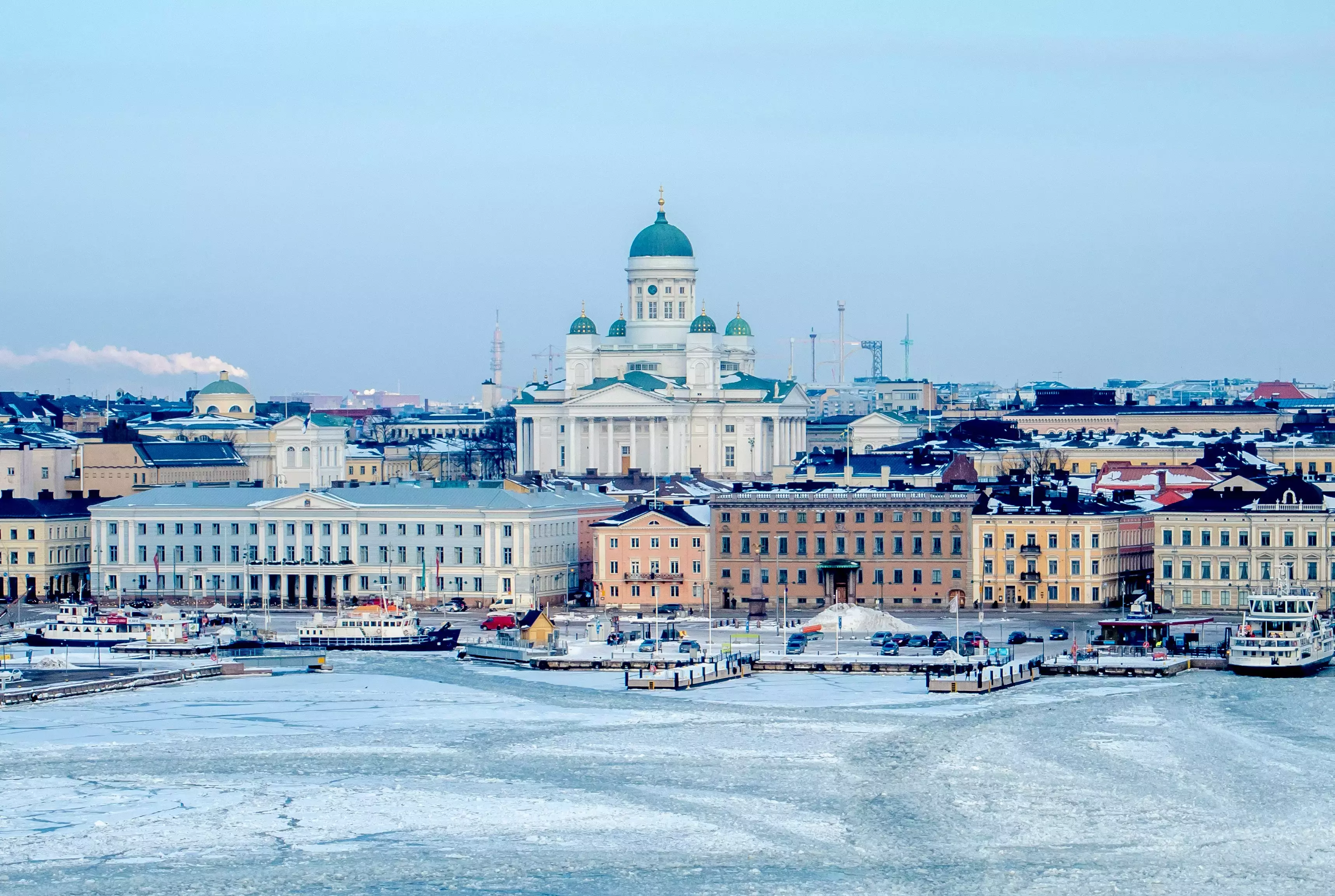 A winter panoramic of Helsinki, with Helsinki Cathedral in the background.