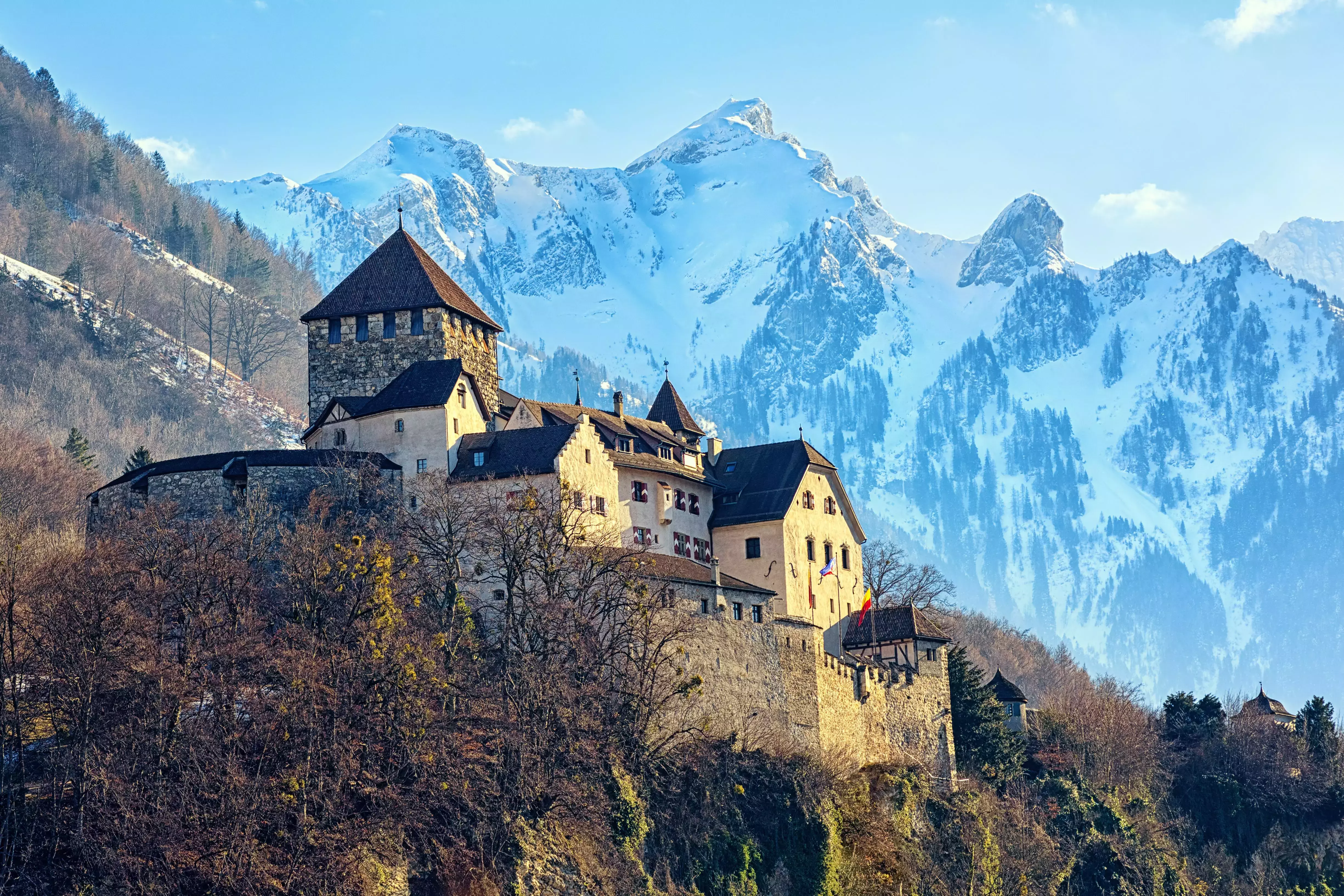 A snow-capped Vaduz Castle overlooking the capital of Liechtenstein.