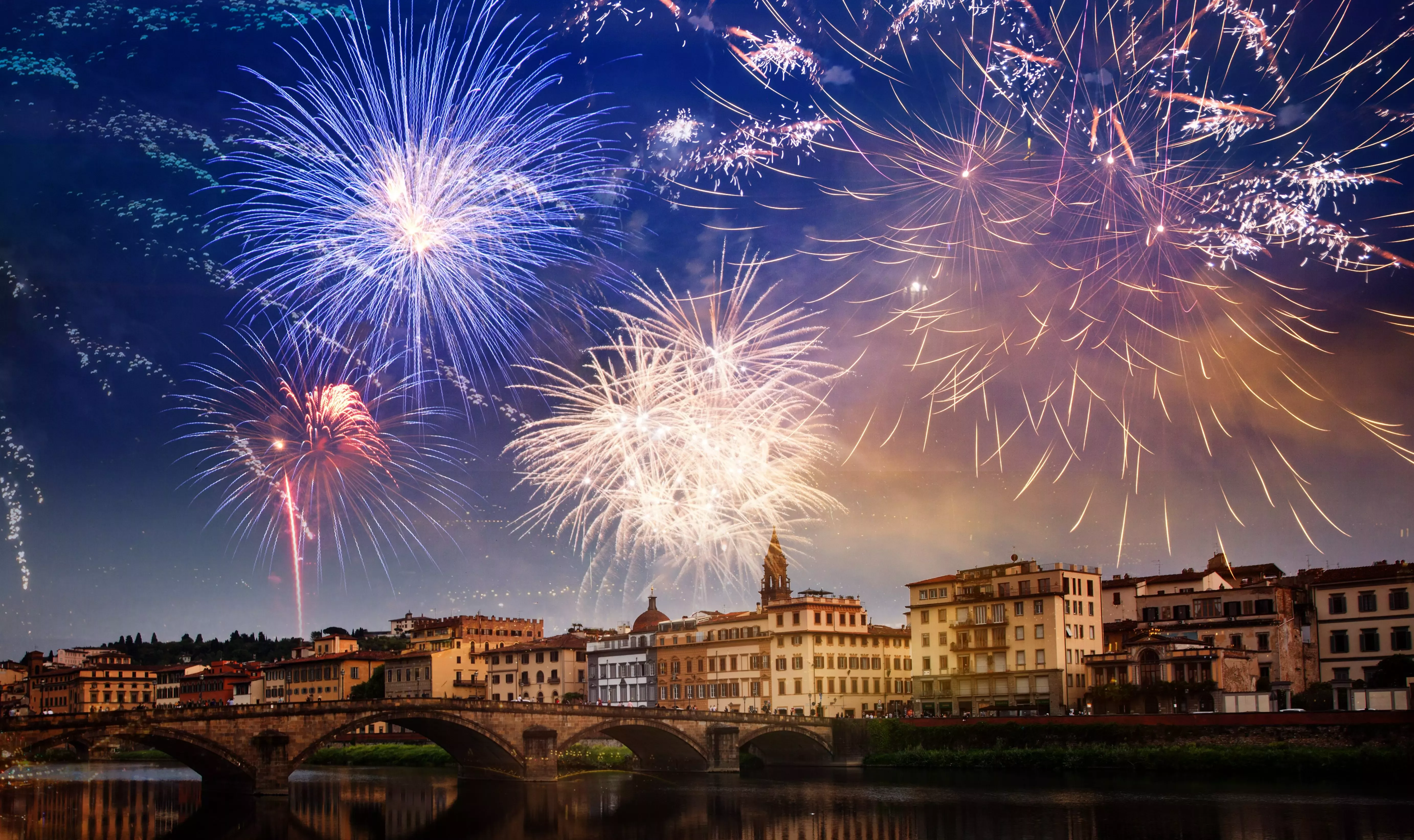 Firework displays in Florence, Italy on New Year's Eve.