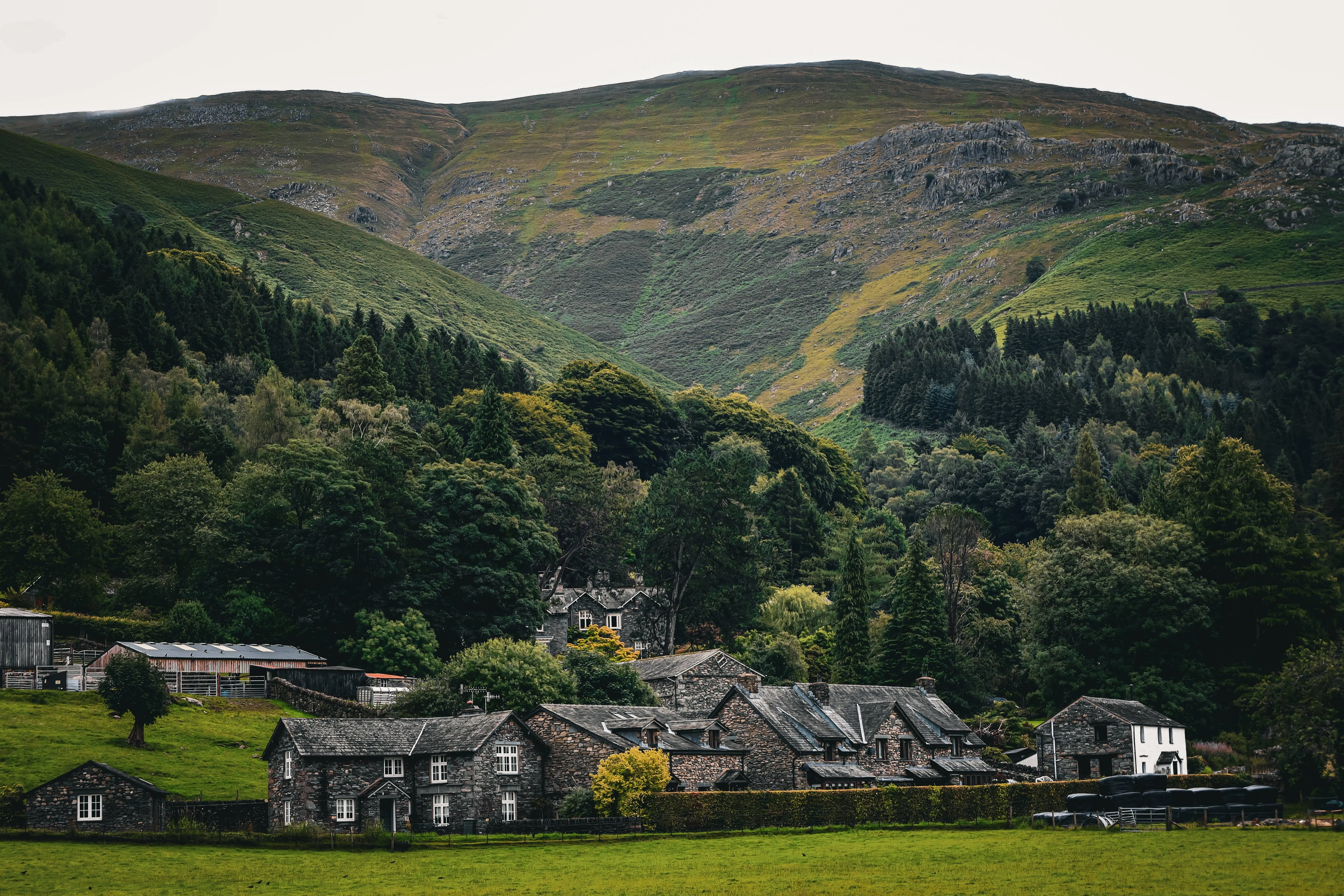 Grasmere village and lake surrounded by mountains