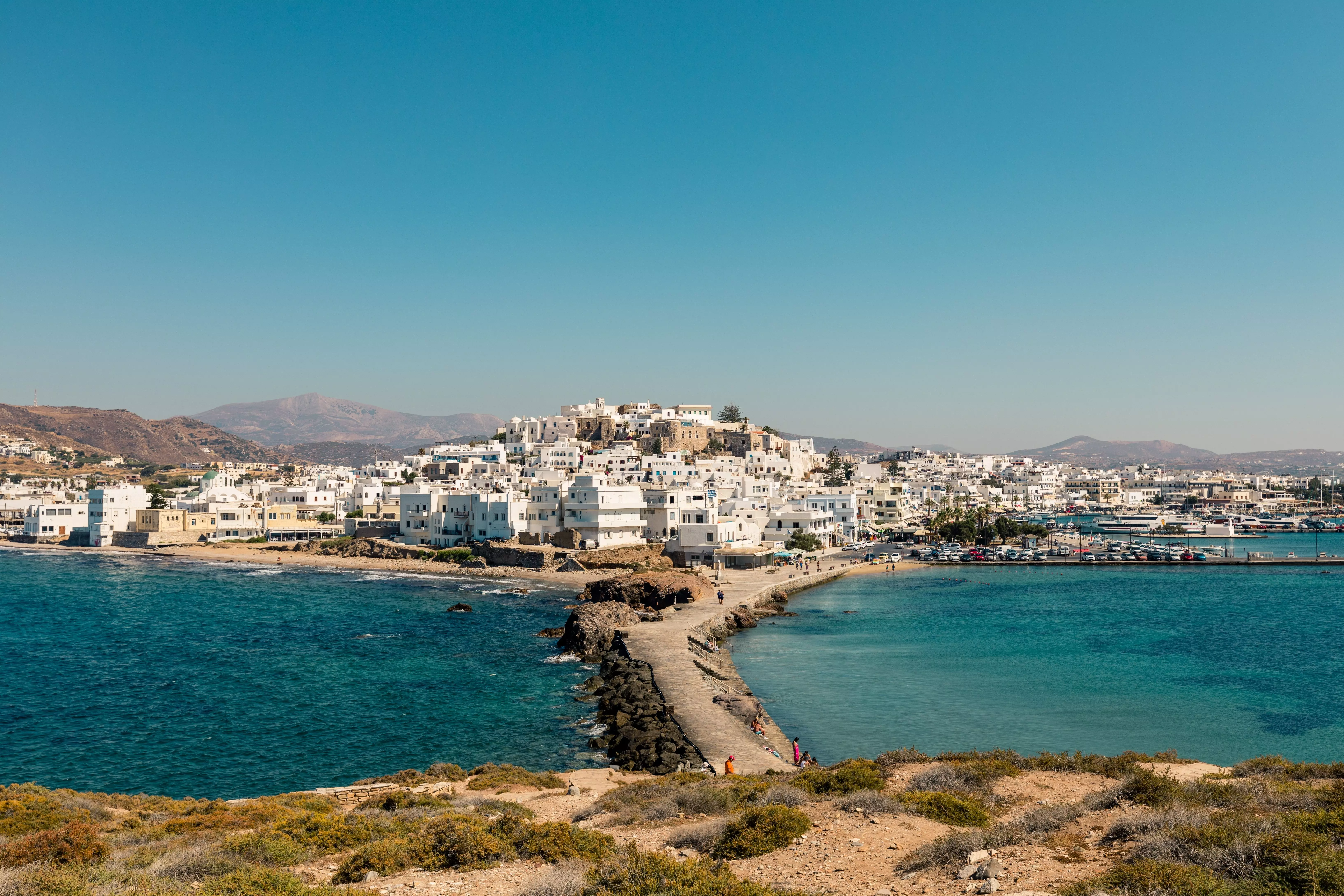 View from Apollo Temple to the whitewashed city on Naxos, Greece