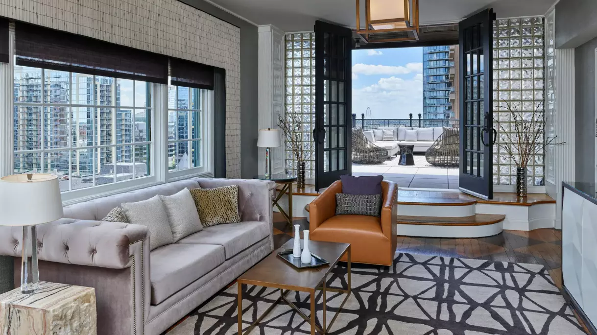 Sleek suite with outdoor terrace at Le Meridien hotel in Dallas, Texas