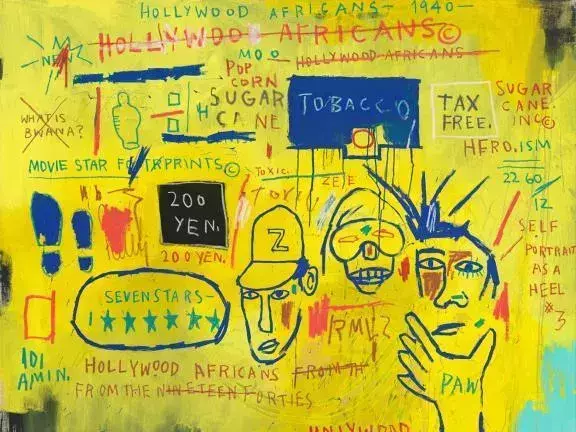 yellow and blue painting inspired by graffiti by Jean-Michel Basquiat made with acrylic and oil paintstick on canvas