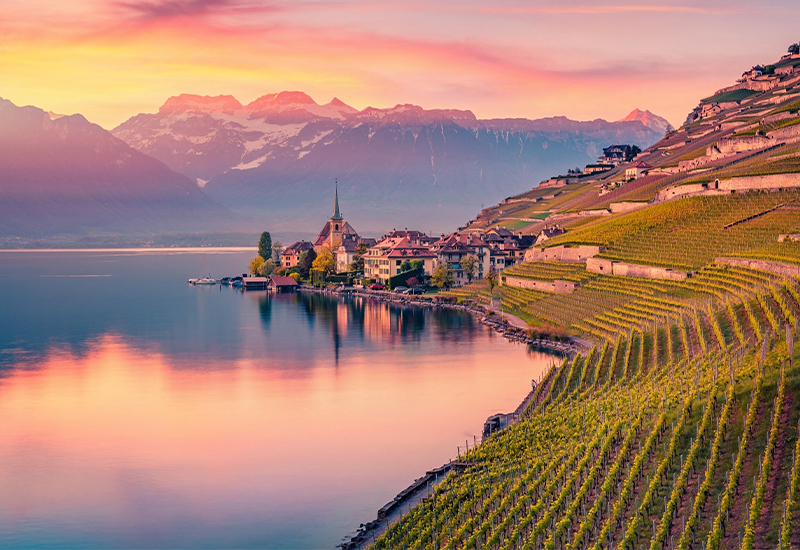 Scenic view of Lake Geneva and the Swiss Riviera Scenic view of Lake Geneva and the Swiss Riviera