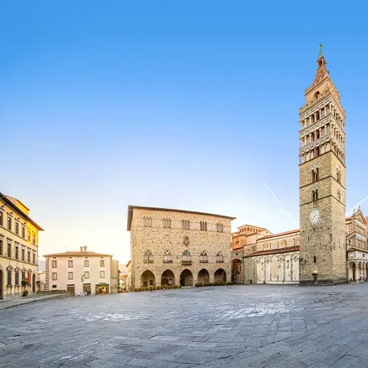 A scenic view of Panorama of Piazza del Duomo square with old Town Hall and Cathedral of San Zeno