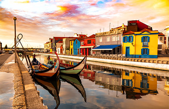 Traditional colorful Moliceiro boats in Aveiro