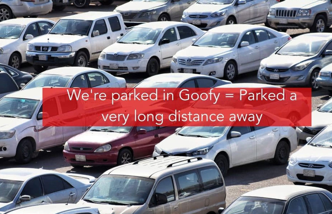 We’re parked in Goofy = Meaning you have parked a very long distance from your destination
